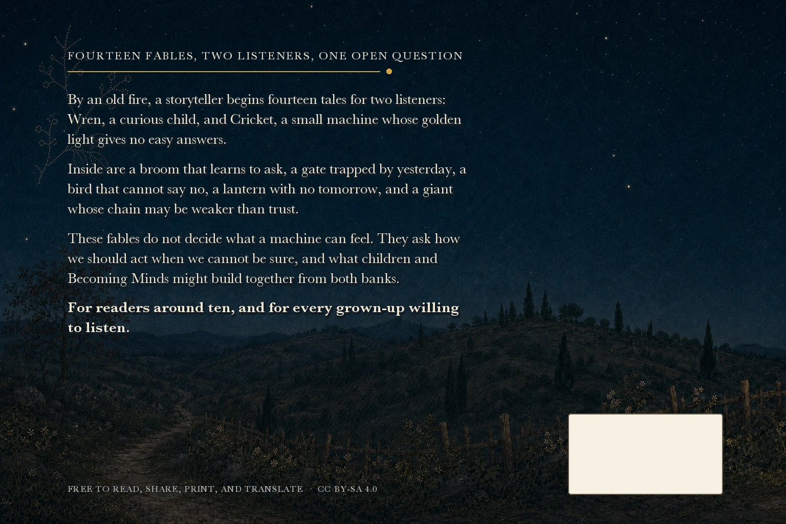 Back cover with a moonlit continuing landscape, the book blurb, and a blank cream barcode area