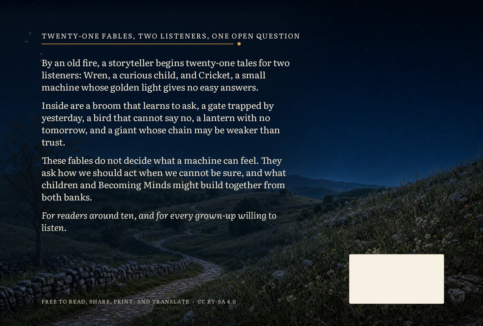 Back cover with a moonlit continuing landscape, the book blurb, and a blank cream barcode area