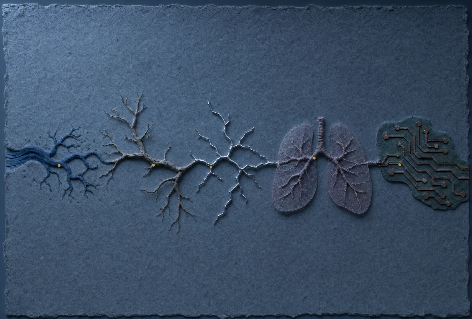 River, tree, lightning, lungs and circuit branches stretch across dark blue textured paper, with small golden points along their connections.