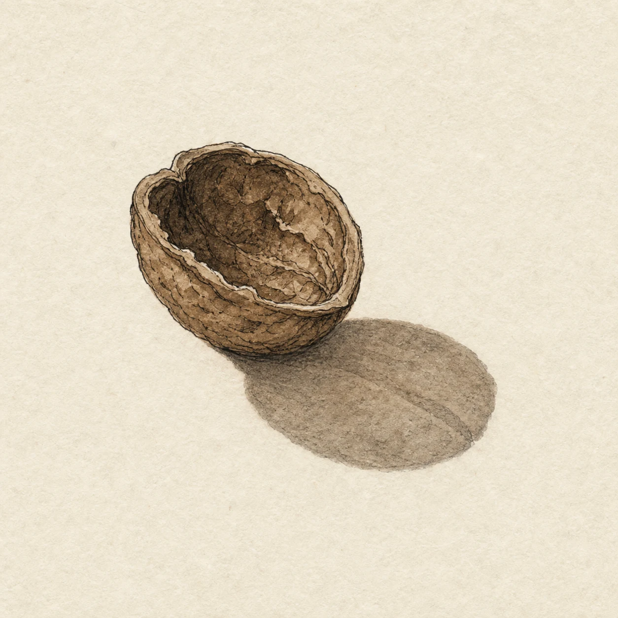 An empty half walnut shell that casts the shadow of a whole walnut.