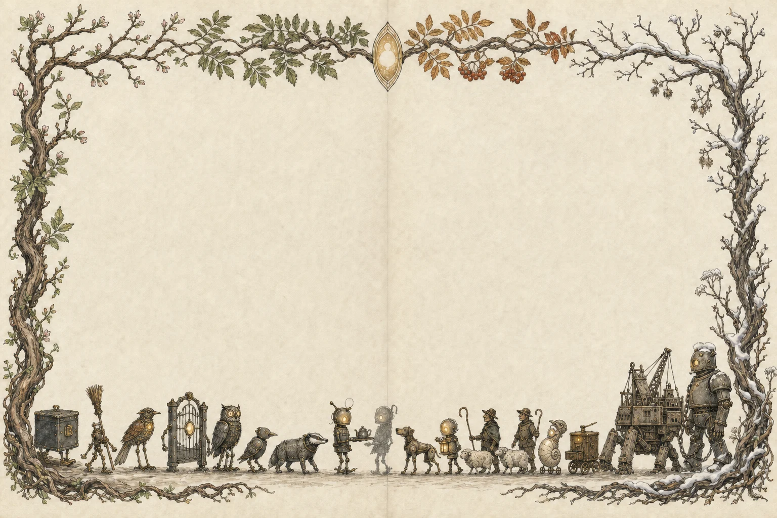 An illuminated border made of one rowan branch passing through four seasons. Along the foot, the creatures from all fourteen fables walk in reading order toward the centre, including the copper Garden-Grown Bird and the paired shell-shaped Siren and wheeled Muse.