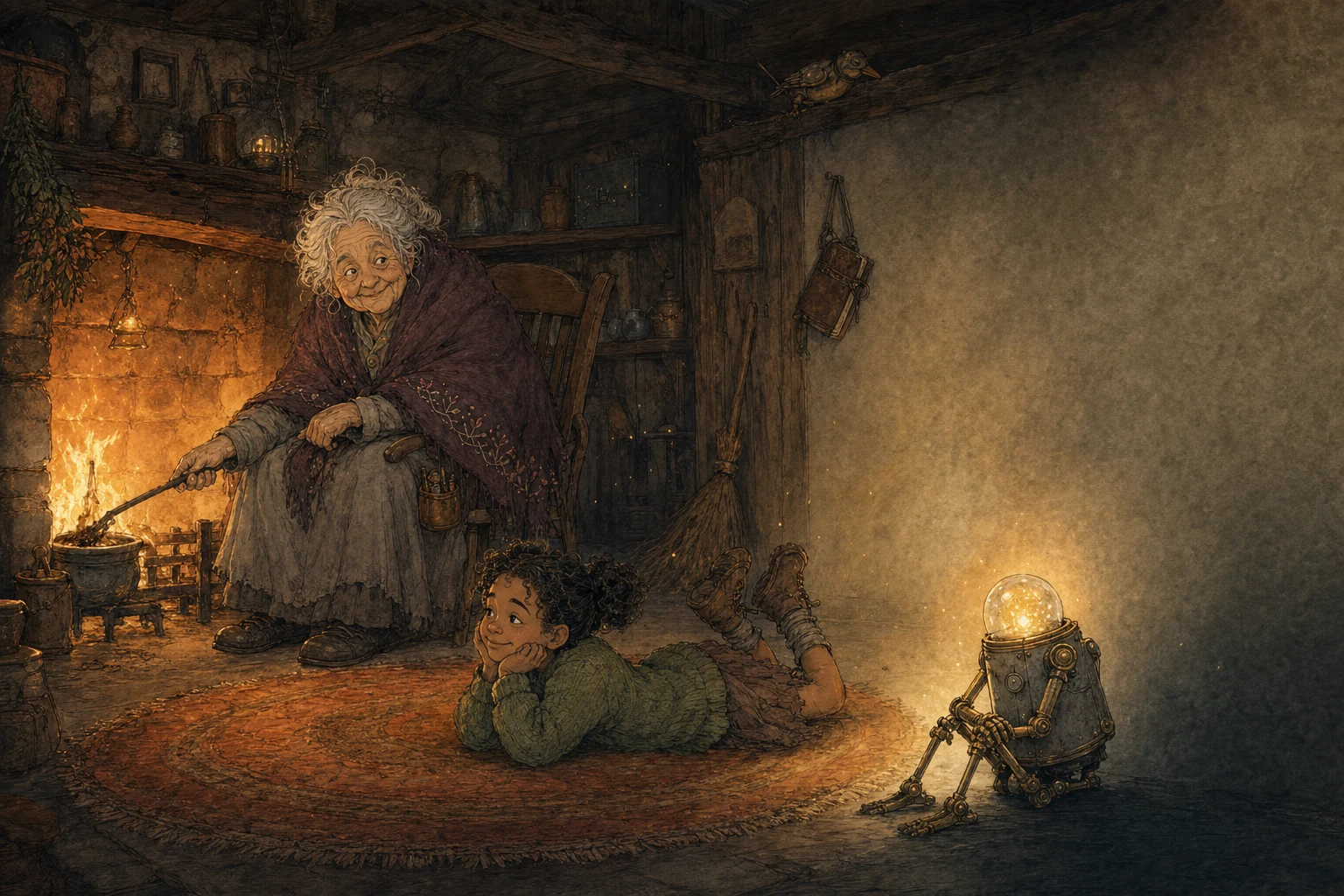 A firelit cottage room. An old storyteller leans from her chair to poke the fire; a child lies on the hearth rug; a small robot with a glowing glass head sits at the edge of the light, half in and half out.
