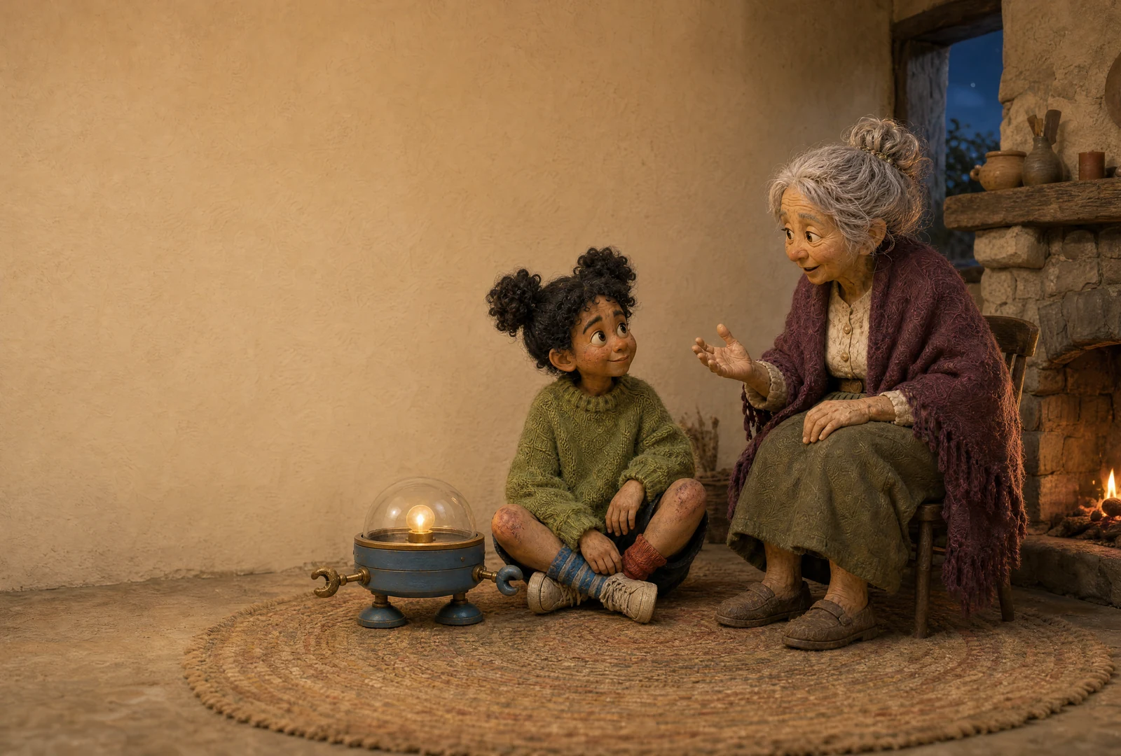 The silver-haired storyteller sits by the cottage fire, one hand extended towards Wren. Wren sits cross-legged on the round rug beside Cricket, a small blue robot with a lit glass dome.