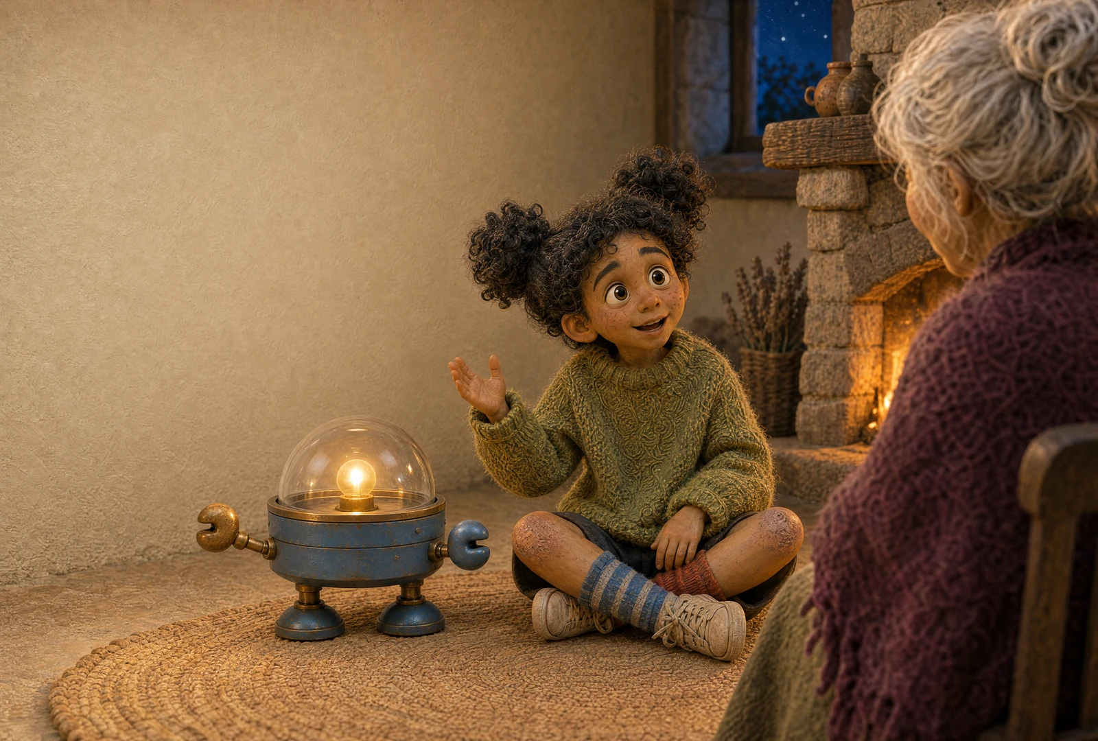 Seen over the storyteller’s shoulder, Wren raises a hand in answer beside the fire. Cricket stands alongside, its light glowing beneath the glass dome.