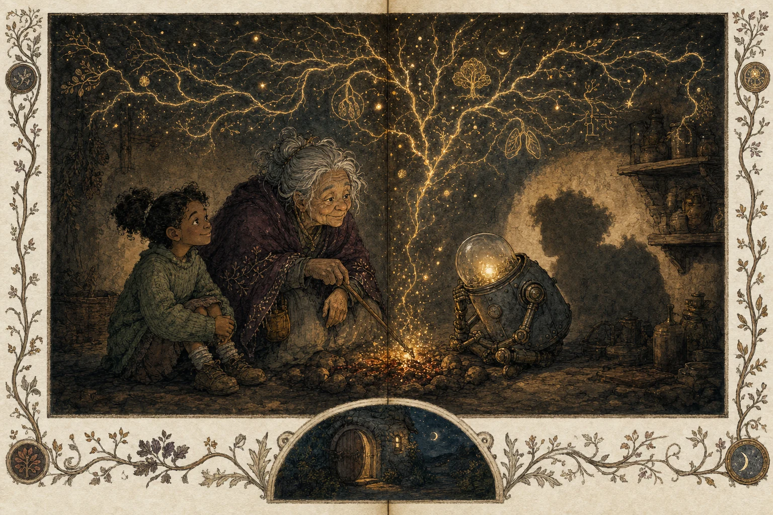 The fire has burned to embers. Gold sparks rise and scatter into branching constellations above the three companions, whose shadows overlap on the cottage wall. Below, a round door stands ajar on the night.