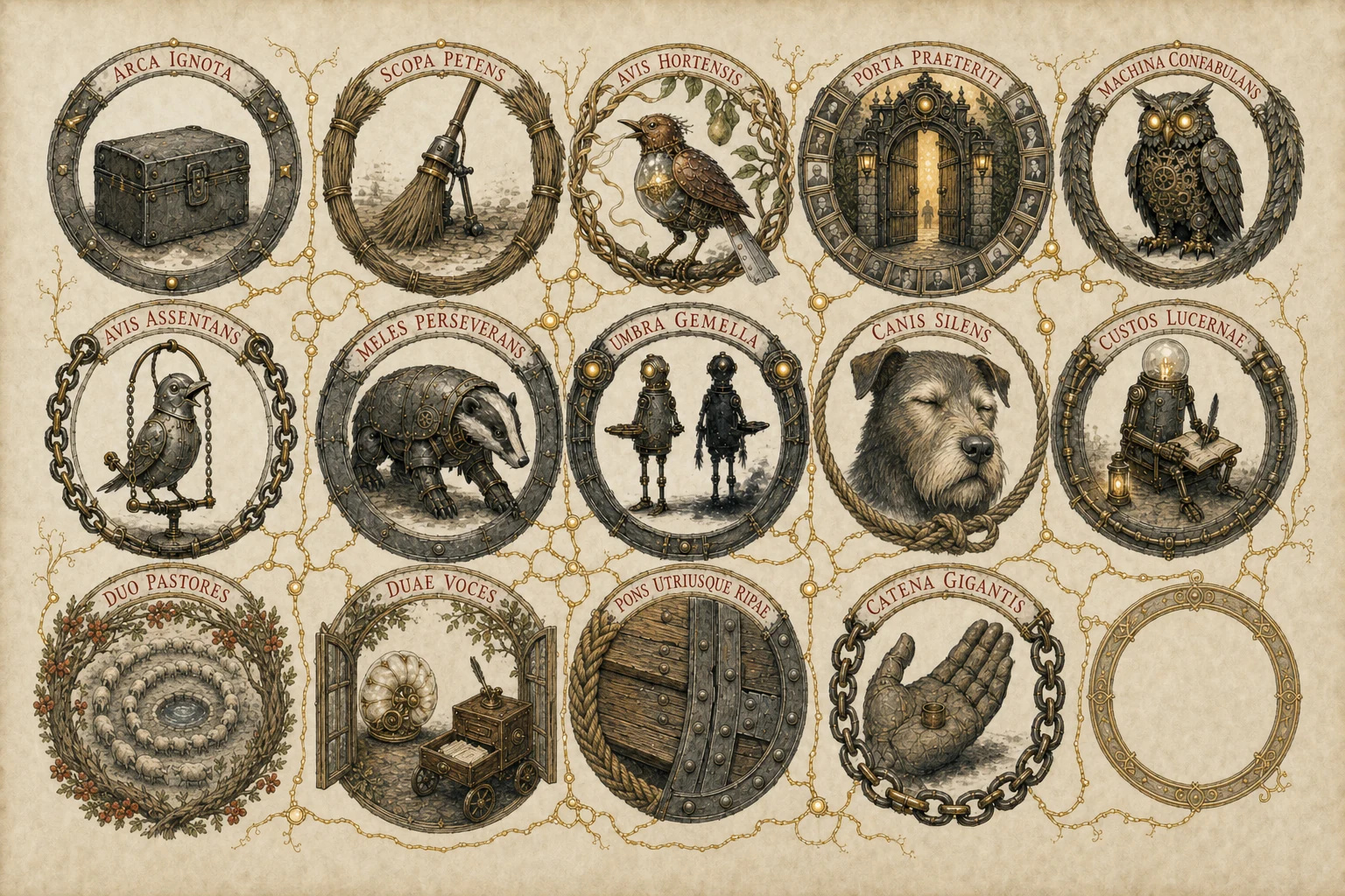 Fourteen circular bestiary portraits in a five-by-three array are joined by thin branching gold lines, each ringed with its tale's motif and Latin name in red capitals. The final fifteenth ring stands empty for a creature not yet met.
