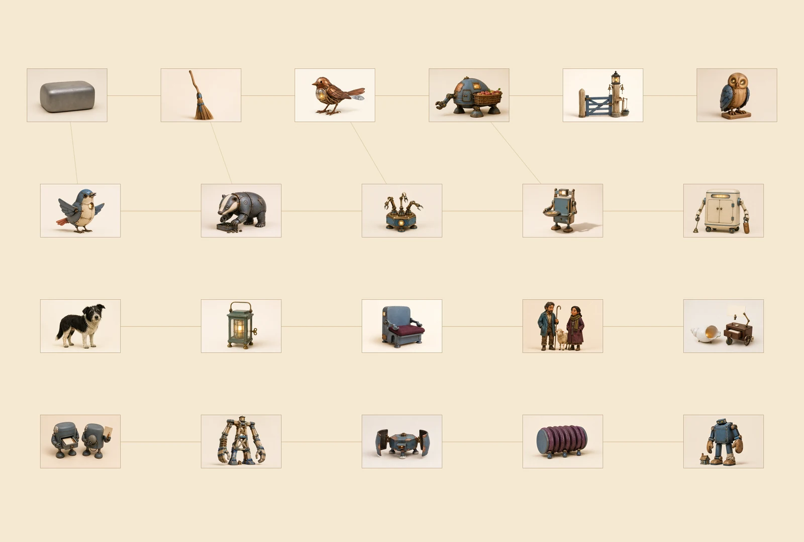 Twenty-one landscape miniature portraits of the book’s creatures sit on pale paper in fable order, in rows of six, five, five and five, linked by faint lines.