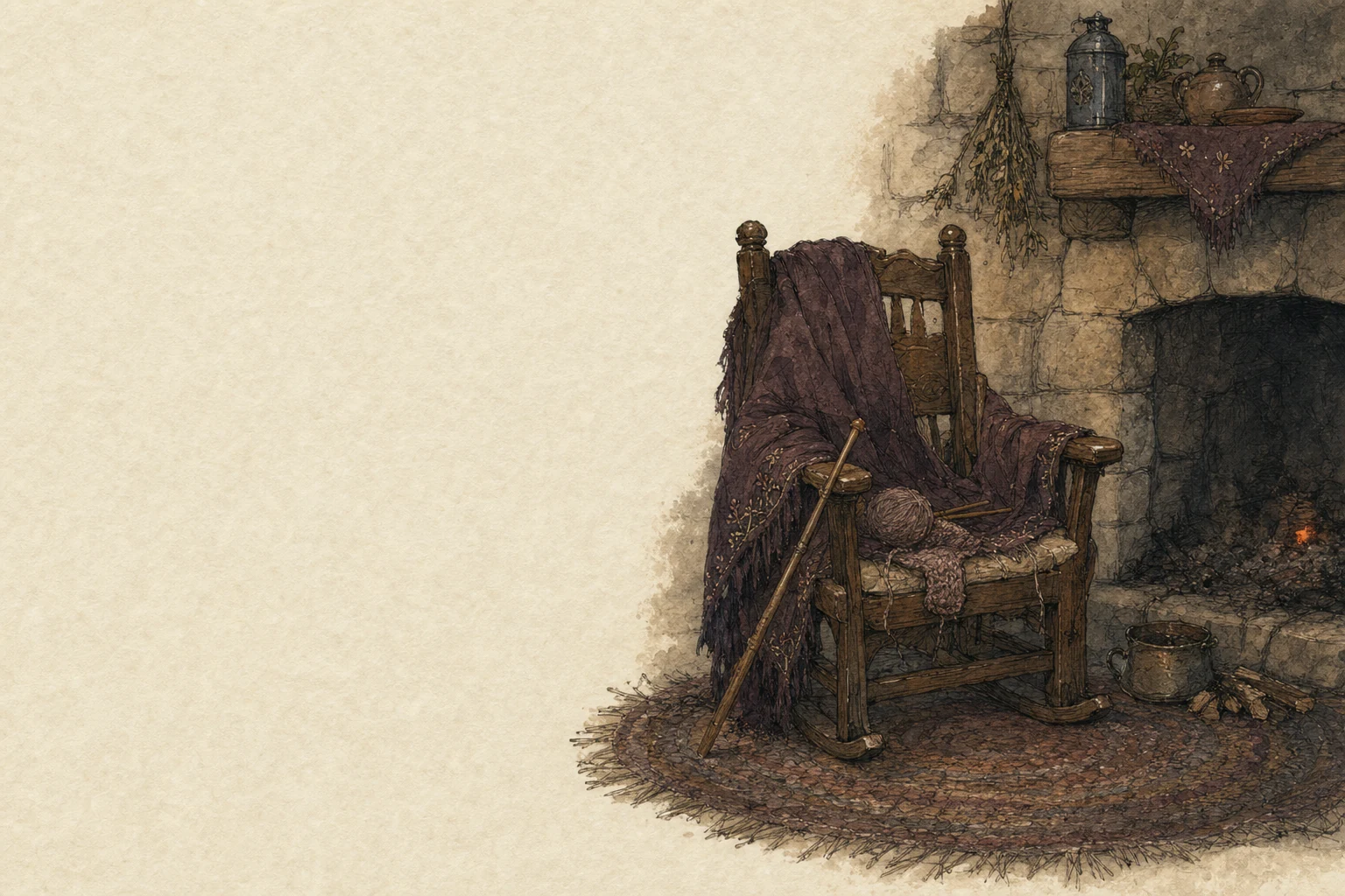 The storyteller's empty chair beside a banked fire, her shawl over its back and the poker leaning against the hearth.