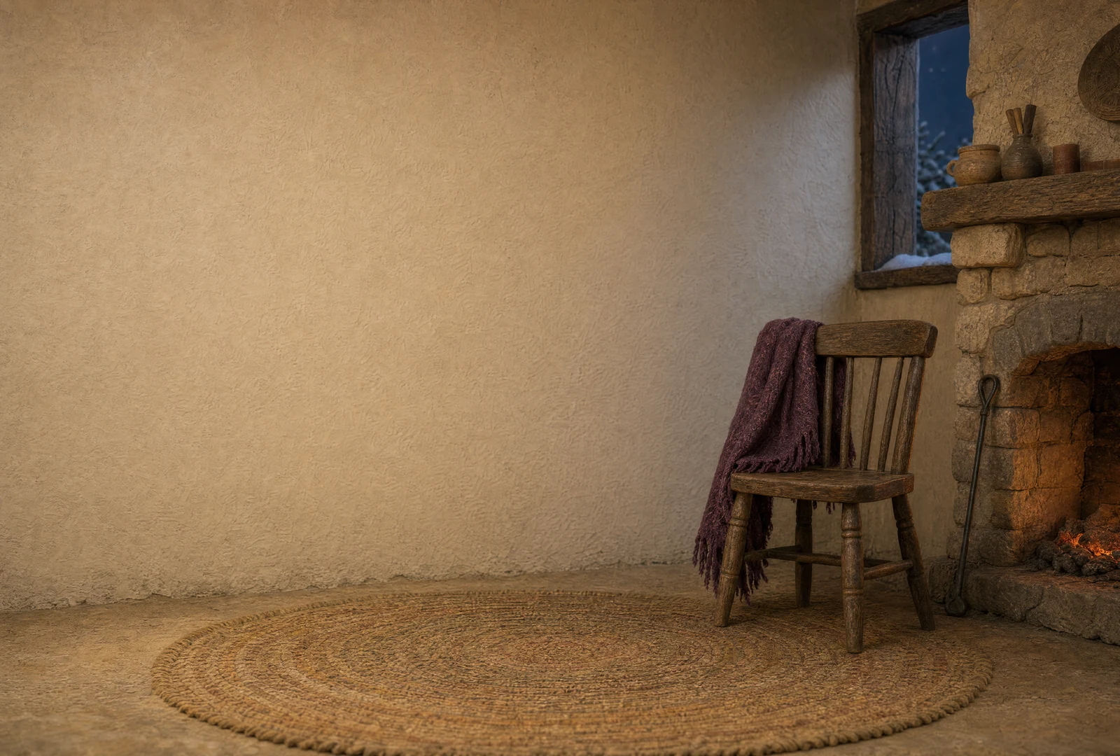 The storyteller’s empty wooden chair stands on the woven rug beside the embers, her plum shawl draped over its back.