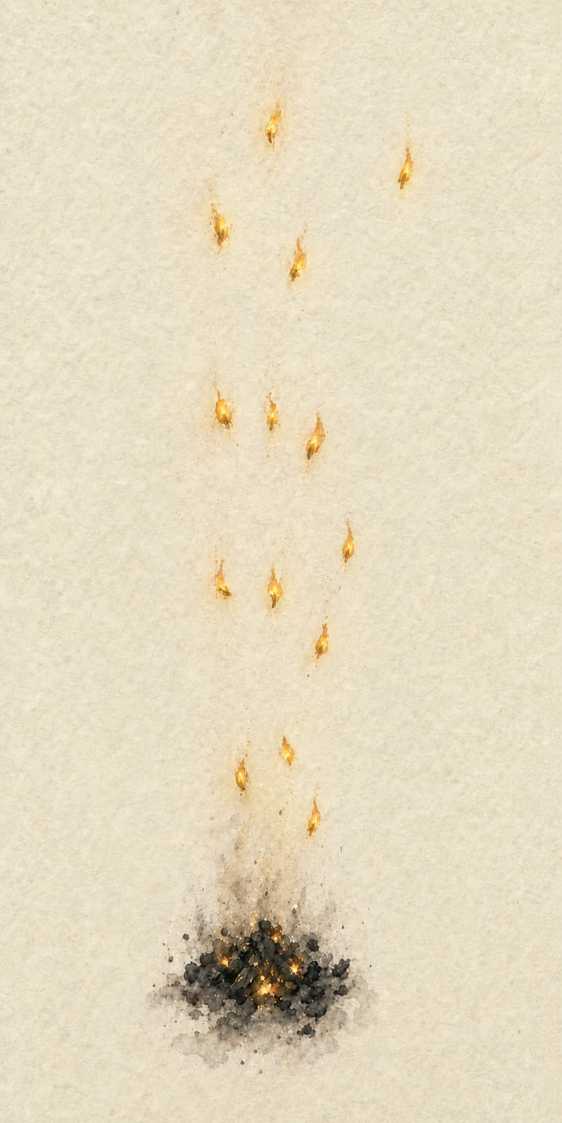 Fourteen separate small gold sparks rise in a thin column from a tiny bed of charcoal, one question-light for each fable.