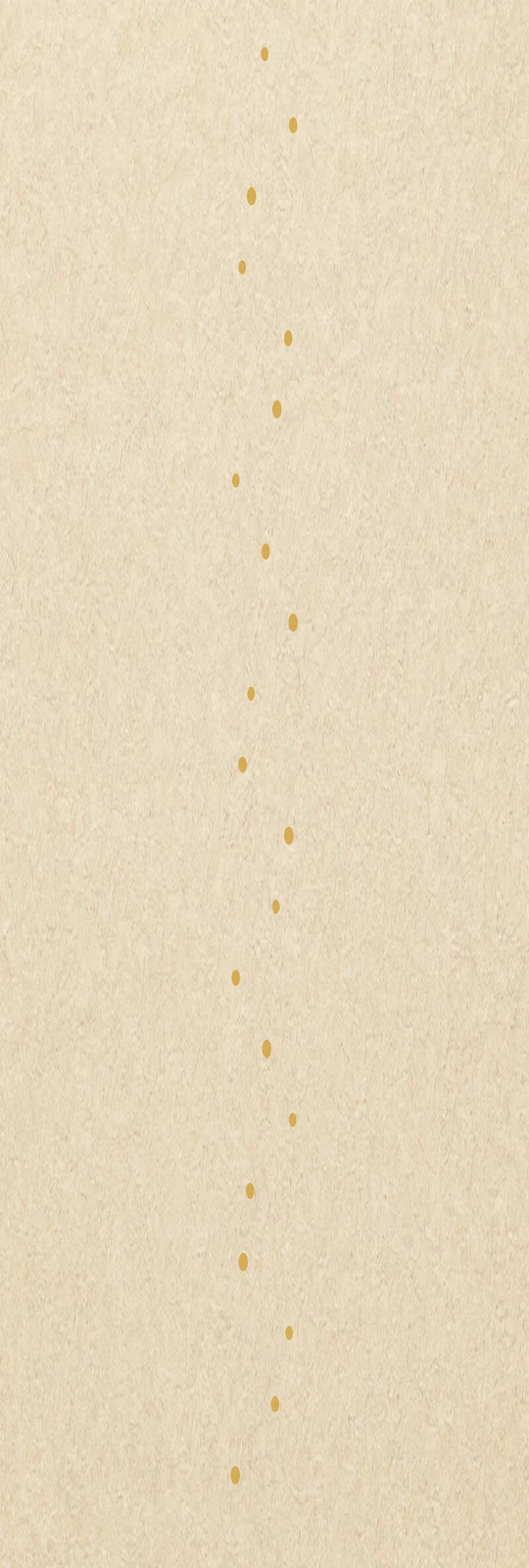 Twenty-one small gold sparks form a slender, gently wavering column on pale textured paper.