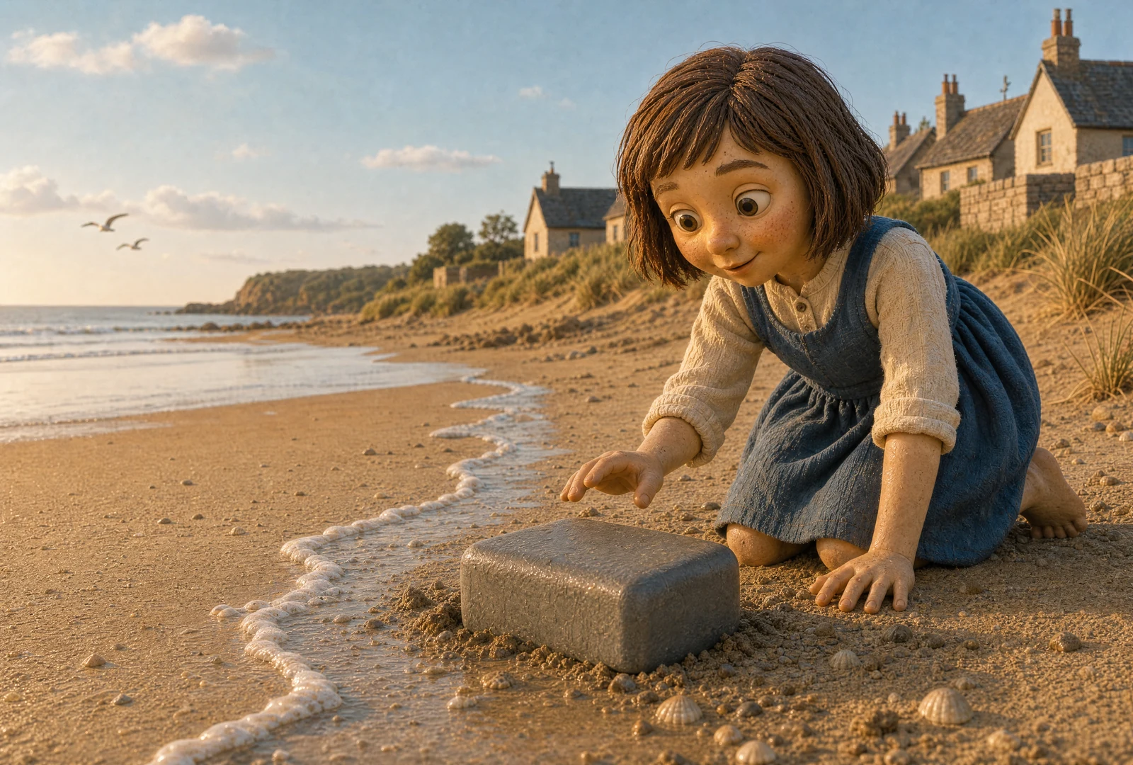 A girl kneels on the beach and reaches towards a smooth grey box on the tideline. Two gulls fly over the bay, with stone cottages behind.