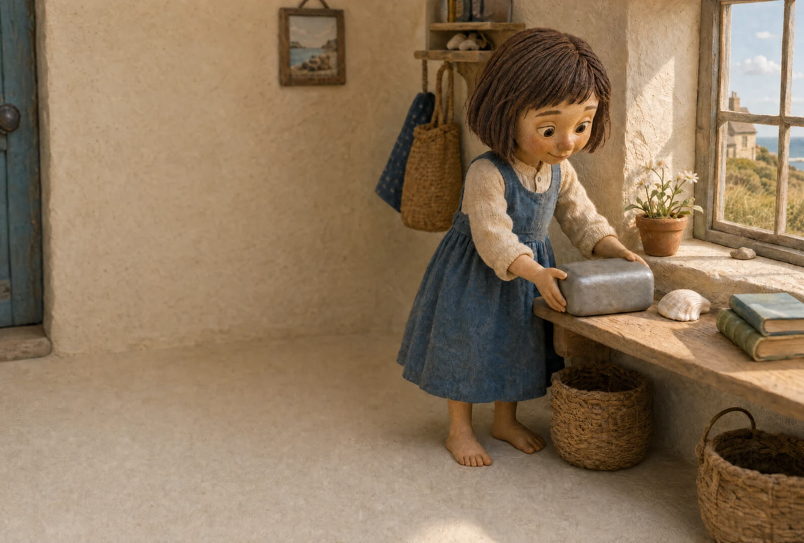 The girl holds the smooth grey box with both hands on a wooden shelf below the window, where sunlight falls. A shell and two books lie further along.