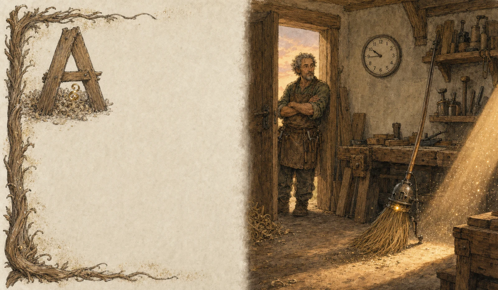 Evening in a carpenter's workshop. The clever broom sweeps along a sunbeam full of golden dust while the plain wall clock ticks above; the carpenter peeks around the door he pretended to leave by.