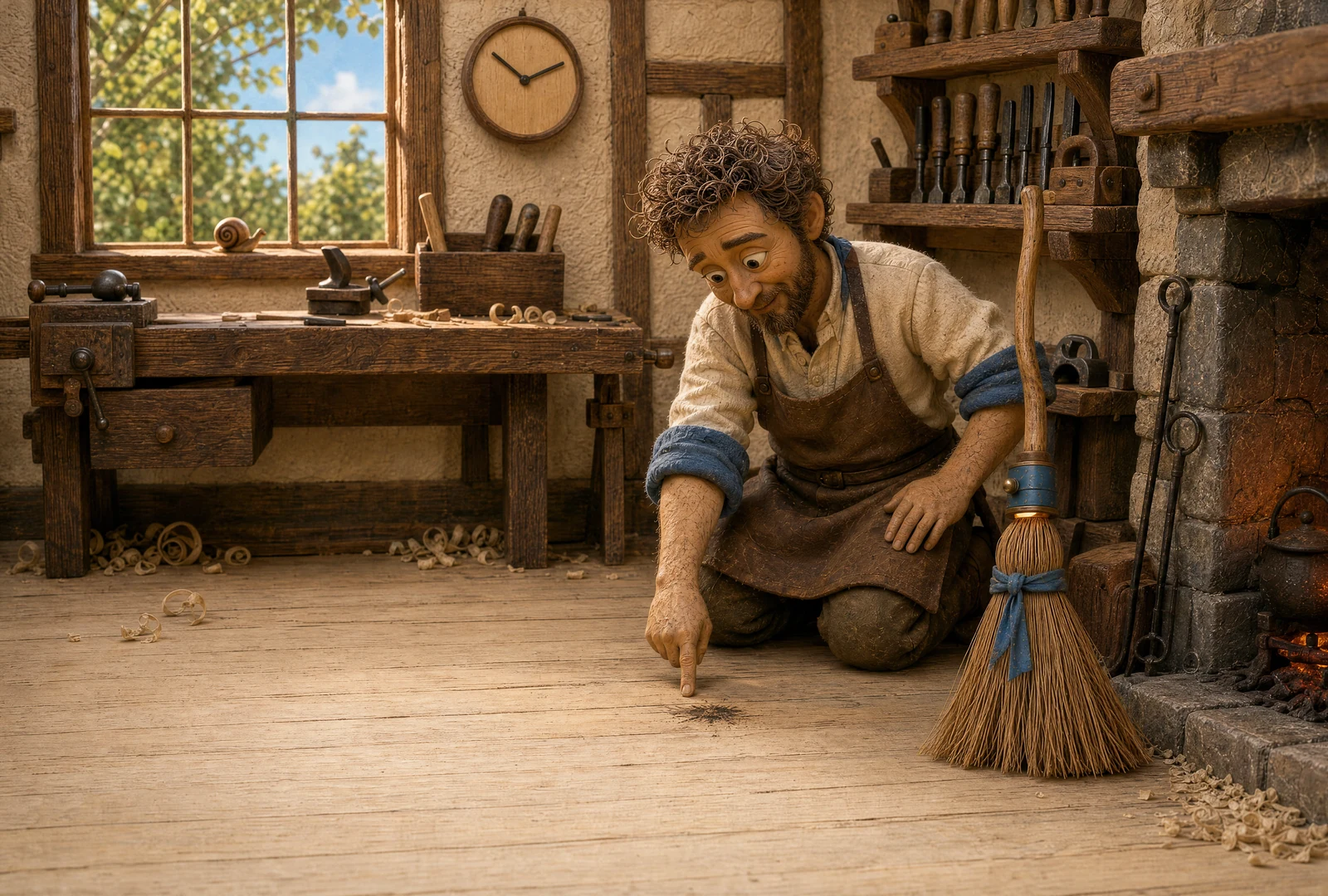The carpenter kneels beside the broom and points to a dark scorch mark on the floorboards near the glowing hearth.