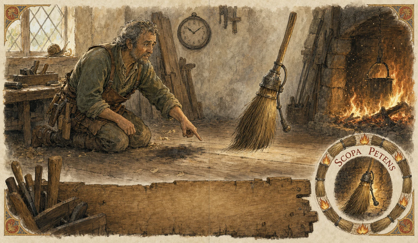 The carpenter kneels down to the broom's height near the hearth, pointing out an old scorch mark on the floorboards; the fire glows lovely and dangerous at the edge of the frame.