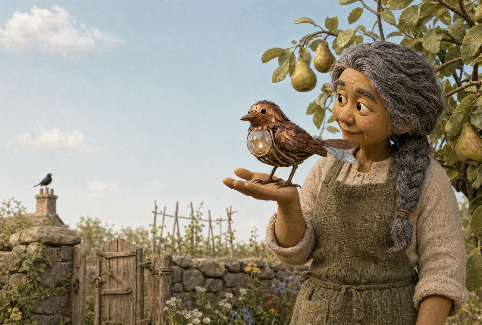 The gardener holds the copper Garden-Grown Bird on her palm beneath a pear tree. Its glass throat glows, and a pale repaired tail feather extends behind it.