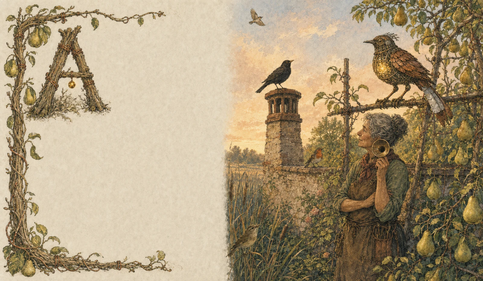 In a pear garden, a gardener tends the copper Garden-Grown Bird perched among leaves. Its willow ribs, clear glass throat with a gold thread, and one longer pale tin tail-feather repair are visible beside a wild blackbird, robin, warbler, and lark.