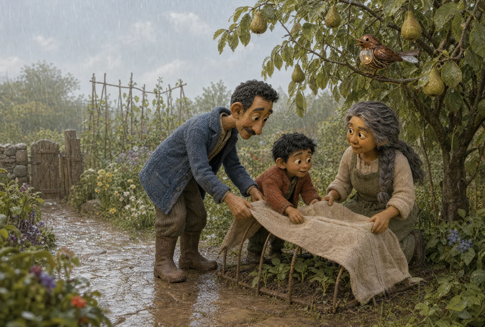 In heavy rain the copper bird perches in a pear tree, beak open and glass throat glowing. Below, a man, a child and the gardener draw a cloth over a wooden frame.