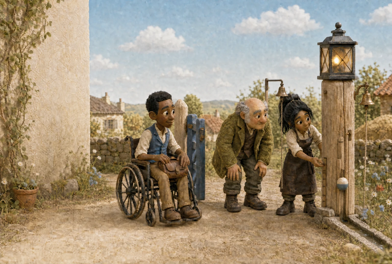 Emil waits in a manual wheelchair beside the open blue gate, a medicine bag on his lap. An older man stoops nearby. On the right Ash touches the measuring marks on the lantern post, a brass bell either side.
