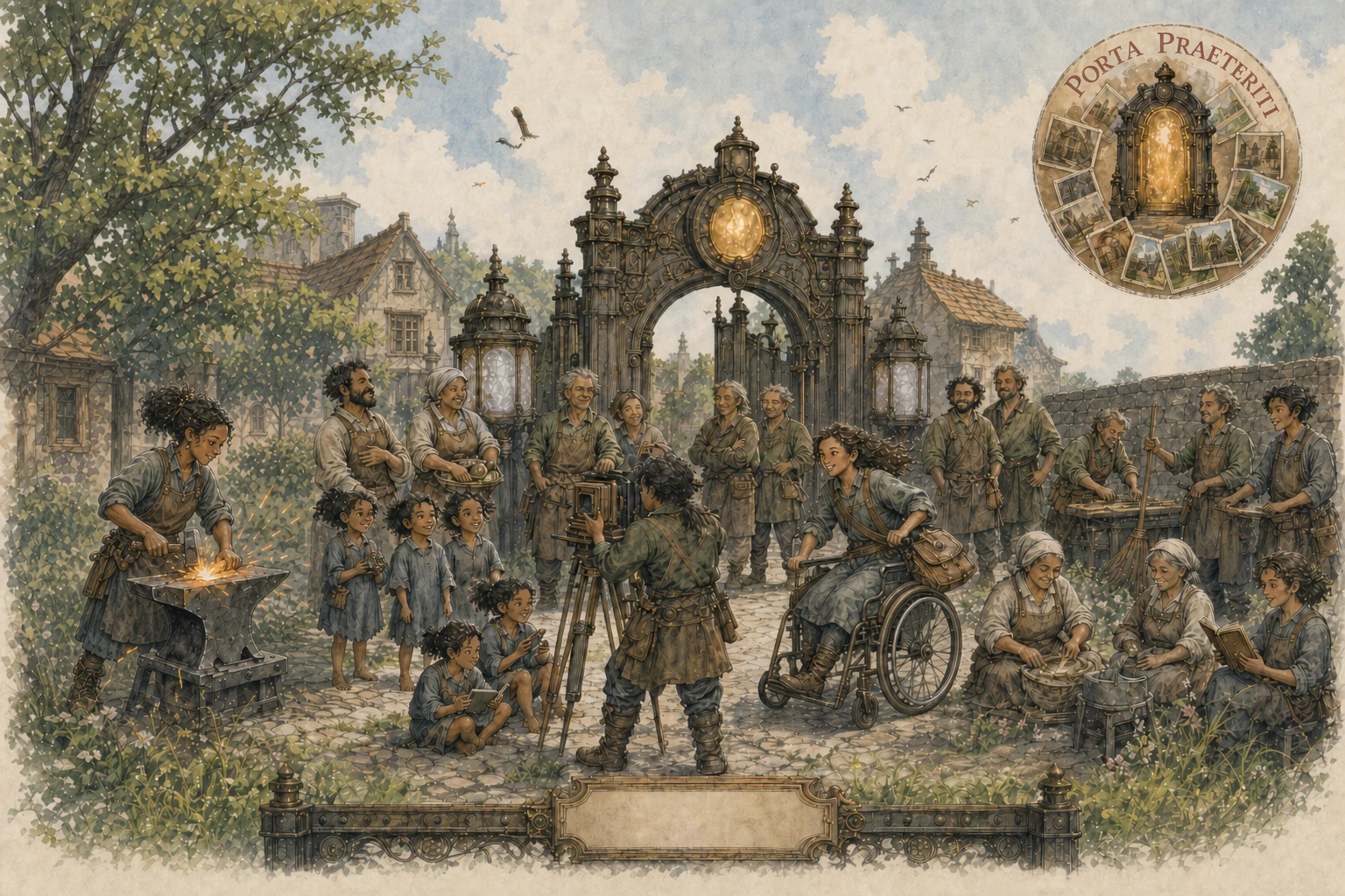 On a bright spring day the village photographs itself: Ash at her anvil with sparks flying, the doctor's assistant moving briskly in a manual wheelchair, neighbors at their trades, and children everywhere; the gate watches with its lantern face warm; in one corner an old sepia photograph peels away to show color beneath.