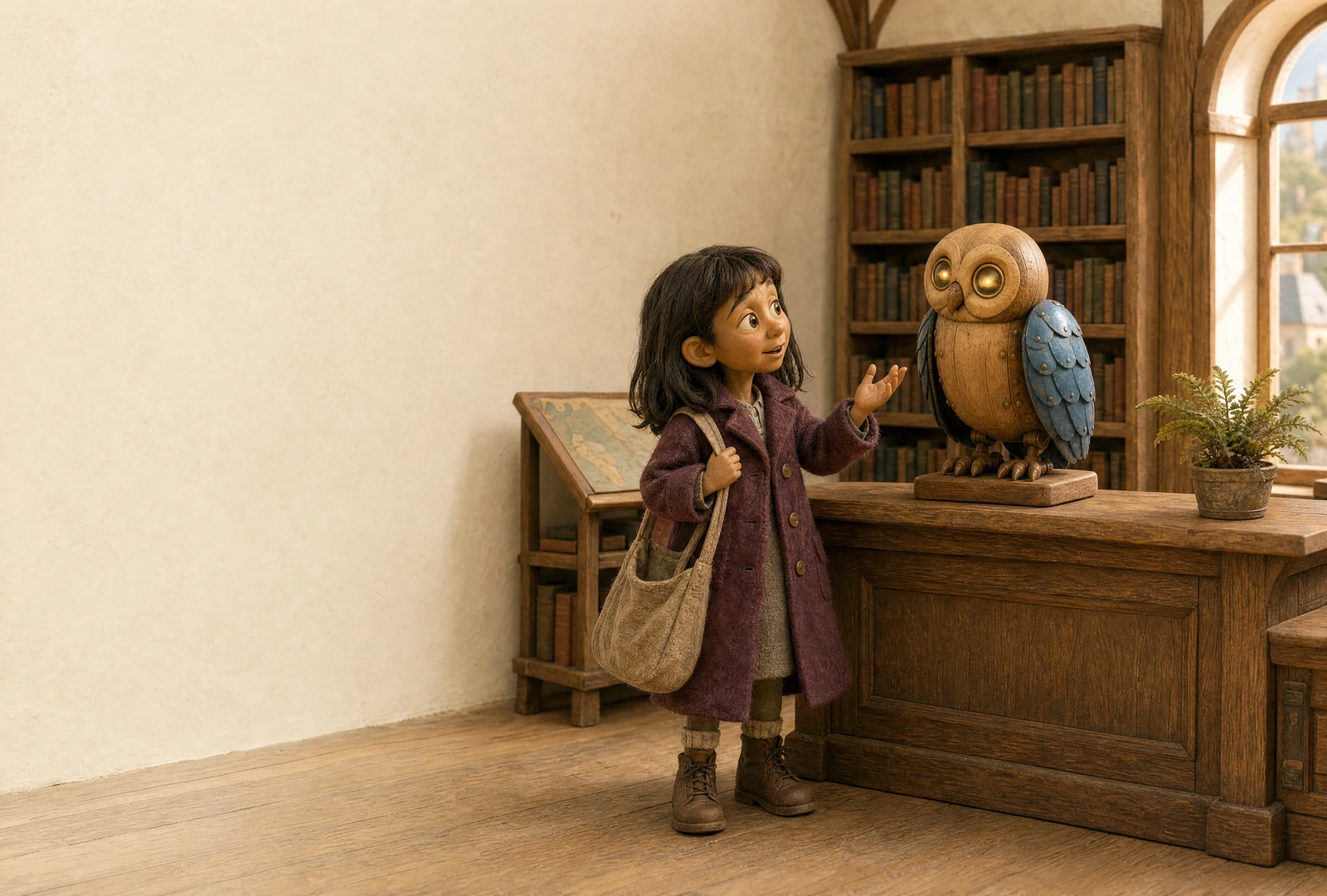 A girl with a shoulder bag speaks to a wooden-and-blue clockwork owl perched on a library counter. Bookshelves rise behind them.