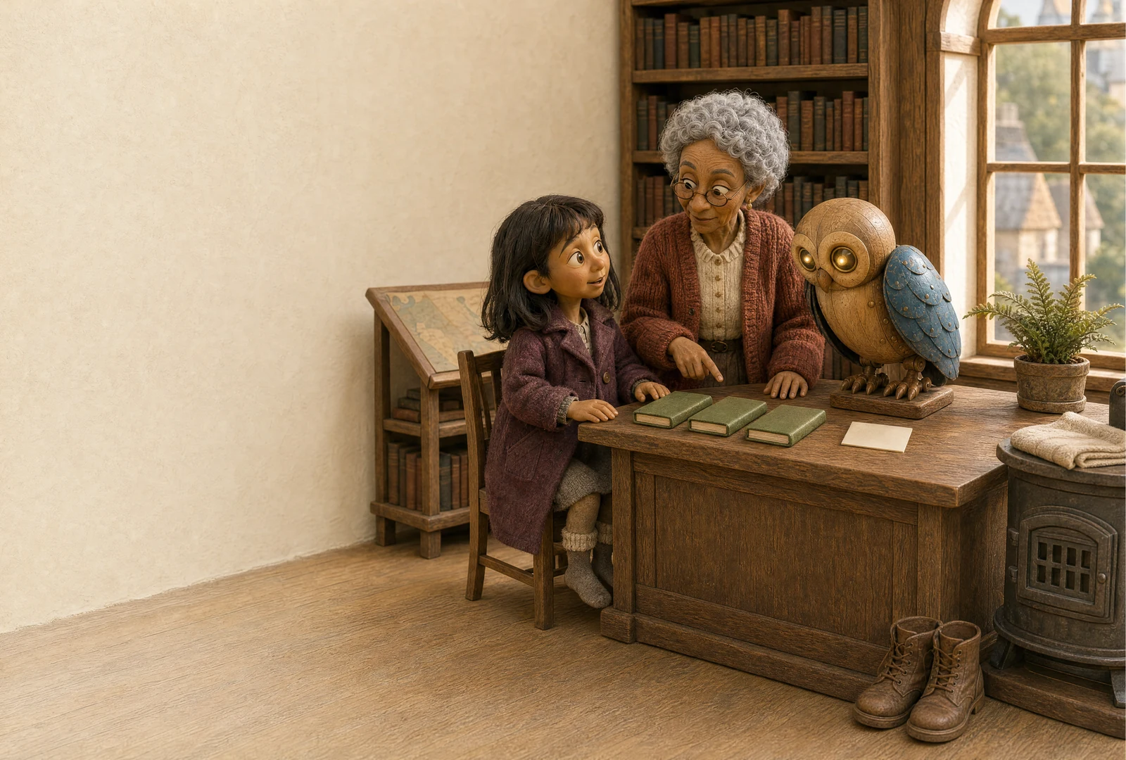 The librarian points to three green books on the desk. Marta sits at the left end; the clockwork owl stands at the right. Marta’s boots stand by the stove, and a blank card lies beside the books.