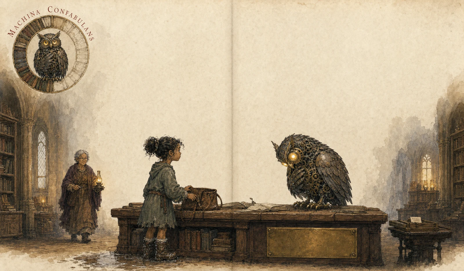 Dusk in the library. The girl stands at the great desk with wet shoes and an empty bag; the owl bends low over her, its gears stilled and its light guttering; the librarian approaches with a lamp.