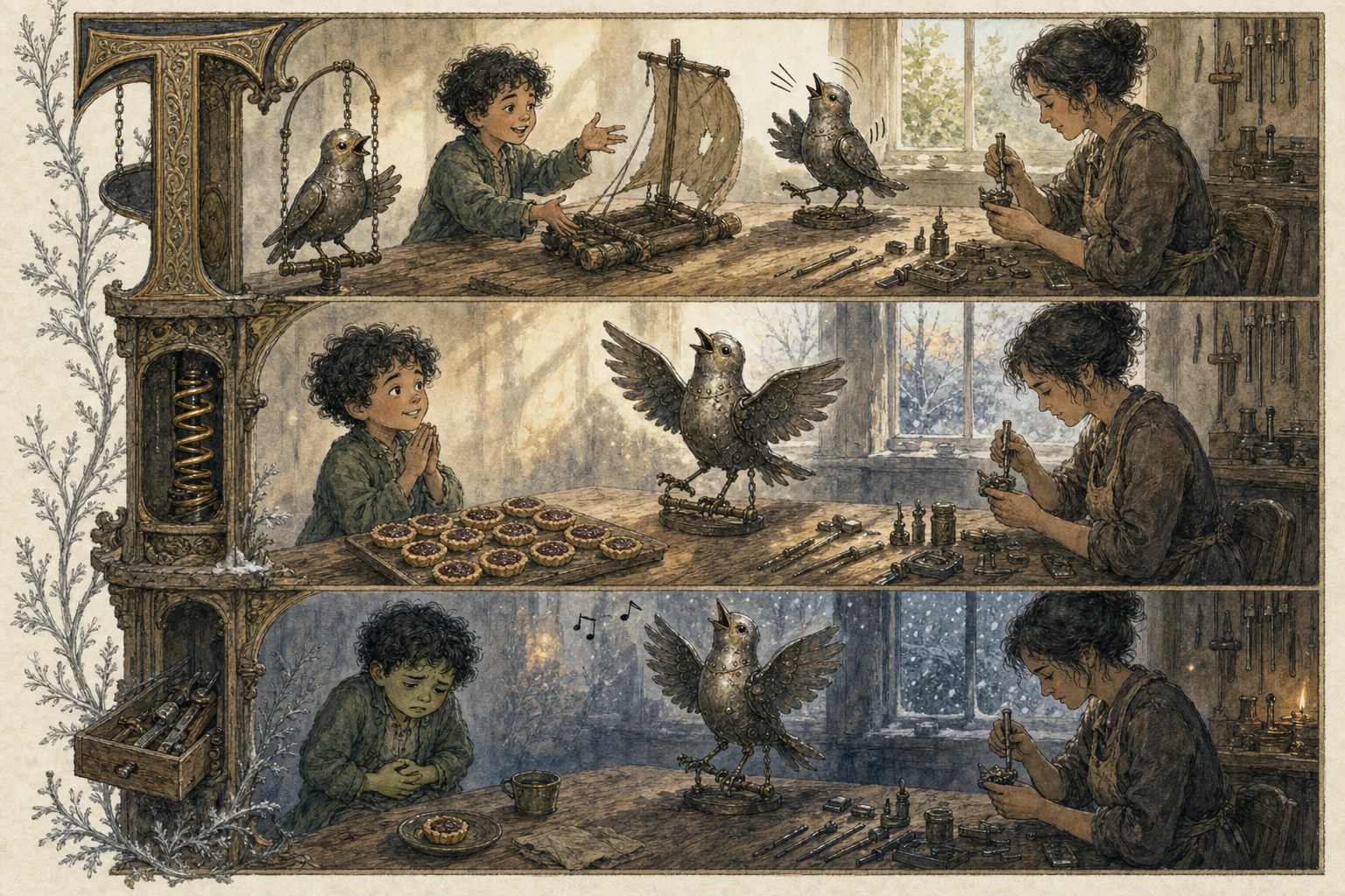 Three stacked vignettes: a boy plans a raft, eats a tower of jam tarts, and lies green-faced in bed, while his tin songbird applauds every scene; in the background his mother the toymaker adjusts the bird with tiny tools.