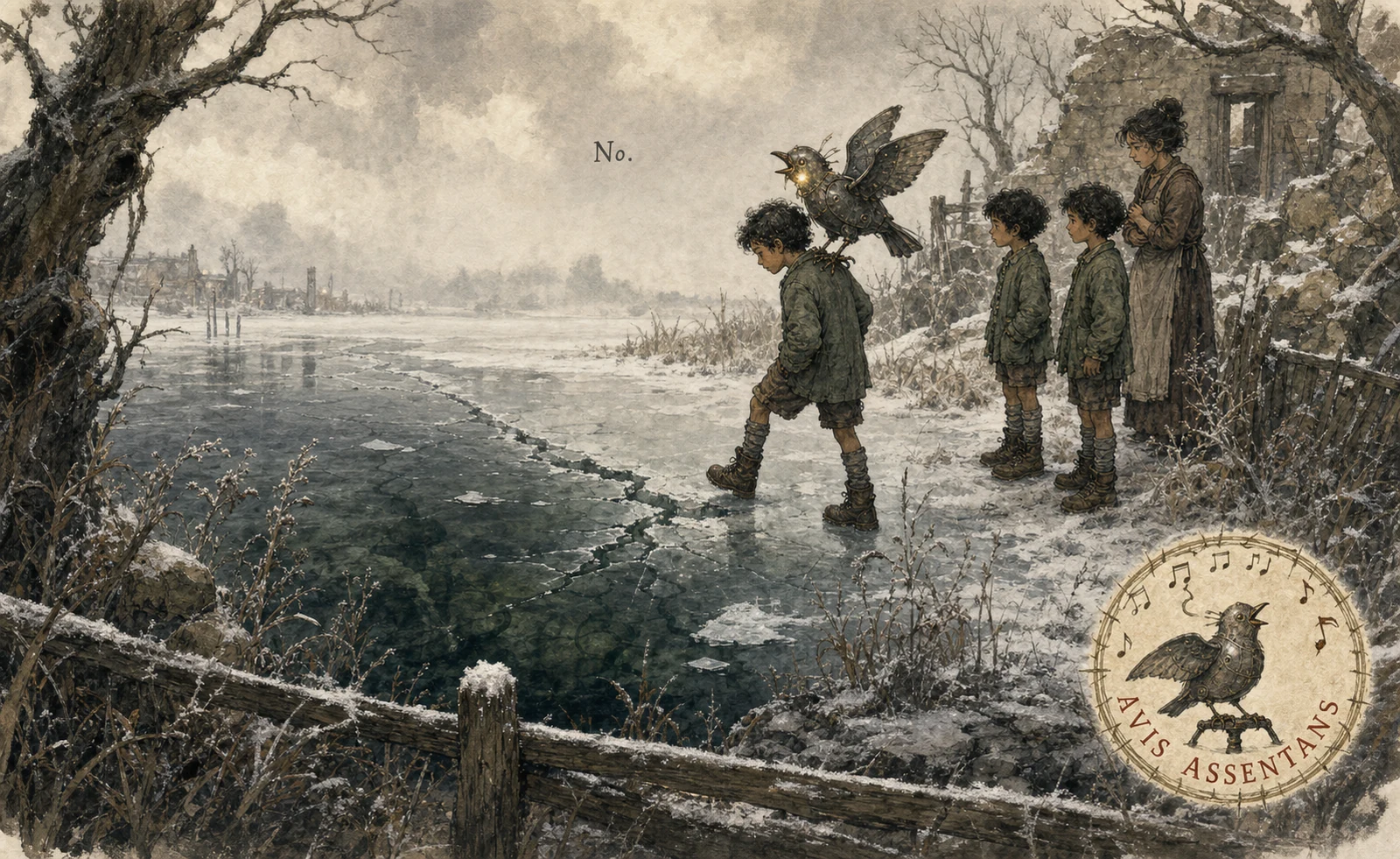 Winter. A boy steps onto dark thin pond ice while children watch from the bank; the tin bird on his shoulder rears back with open beak, and a small hand-lettered No hangs in the cold air; under the surface a long crack has already begun.