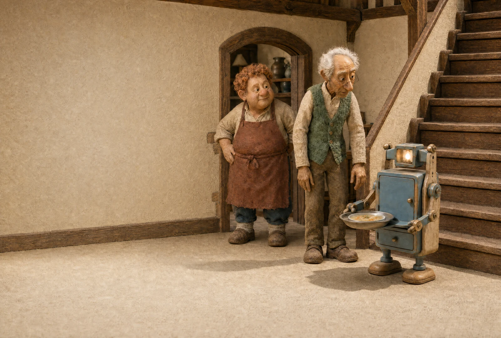 A blue-and-wood serving machine holds a bowl beside the inn stairs. Two adults watch, and its shadow falls across the floor.