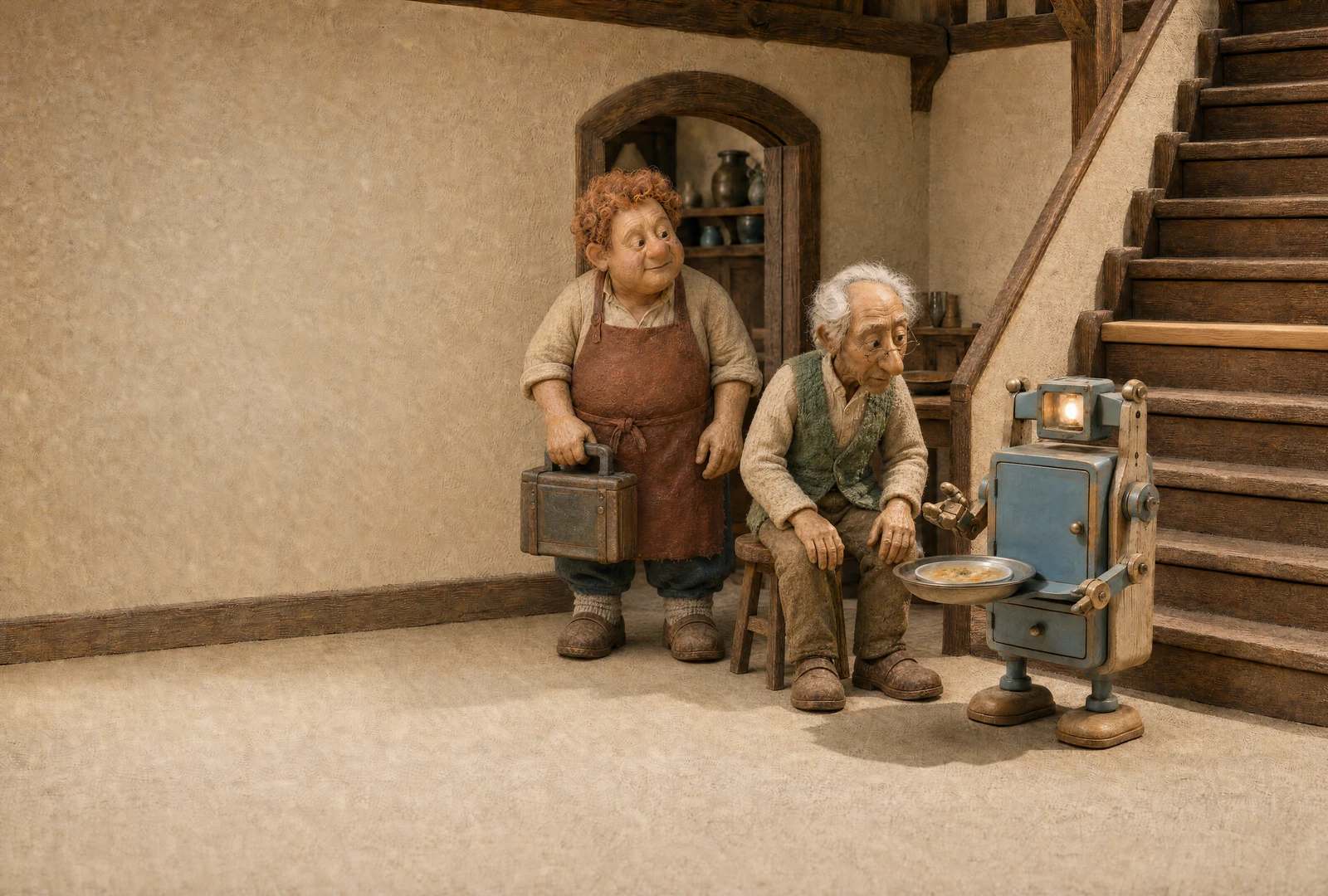 An older man sits at the serving machine’s height beside the inn stairs. Another adult holds a tool case nearby; the machine’s small headlamp glows above its tray.