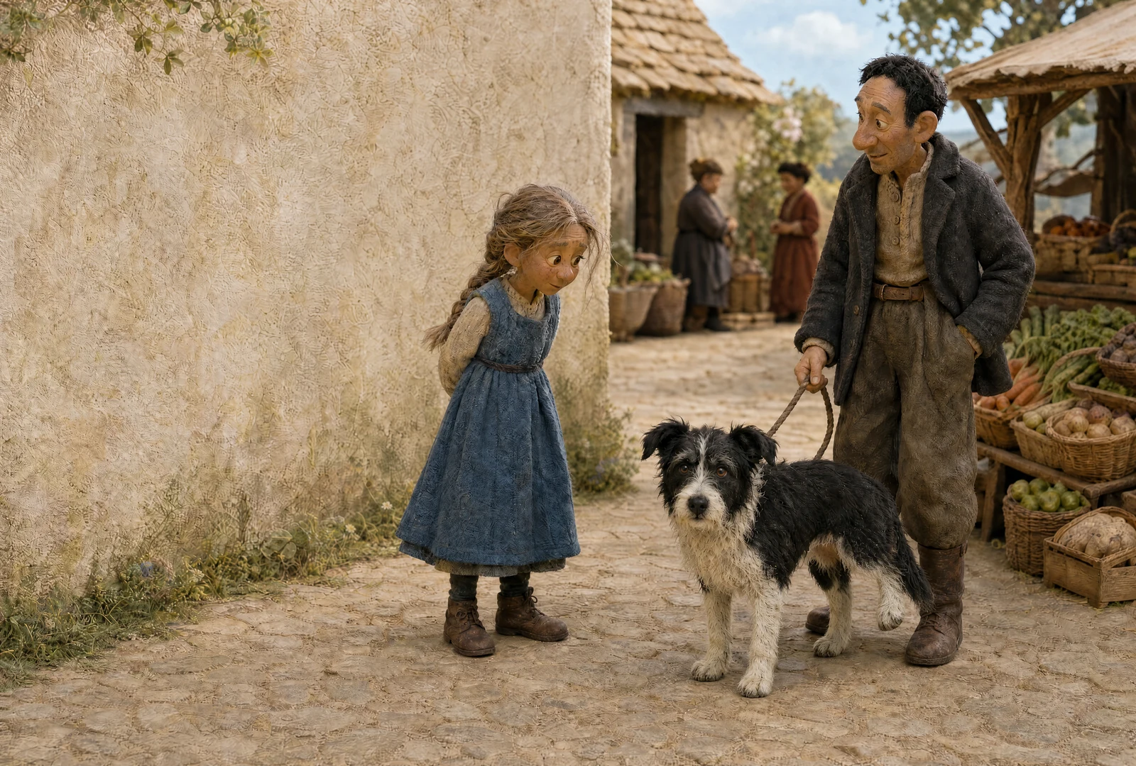 A black-and-white dog stands beside its trainer on a loose lead, one hind paw lifted clear of the cobbles. A girl in a blue pinafore watches it, hands behind her back, in the market lane.