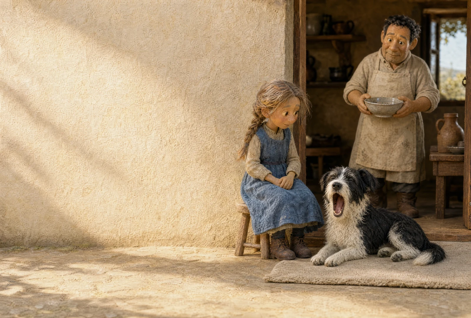 The dog lies yawning on a blanket outside the kitchen door. The girl sits nearby while an adult holds a bowl behind them.