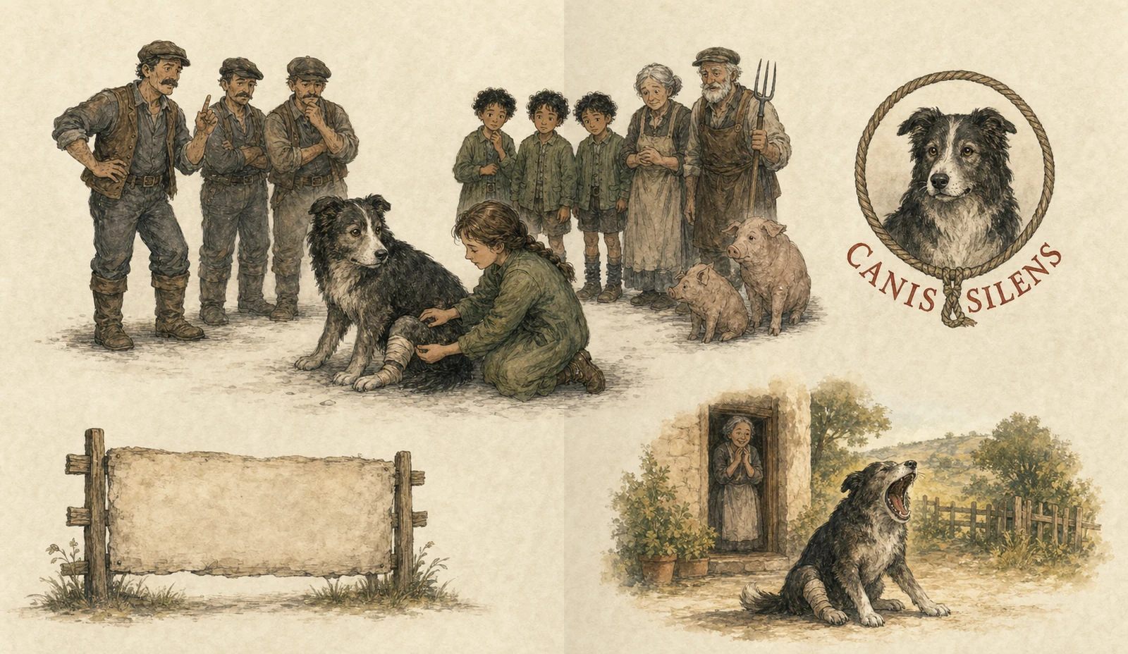 The girl kneels and finds the swollen place on the silent dog's leg with gentle fingers; the crowd has gone quiet mid-gesture. A small vignette shows the dog a year later, mid enormous creaky yawn in a patch of sun.
