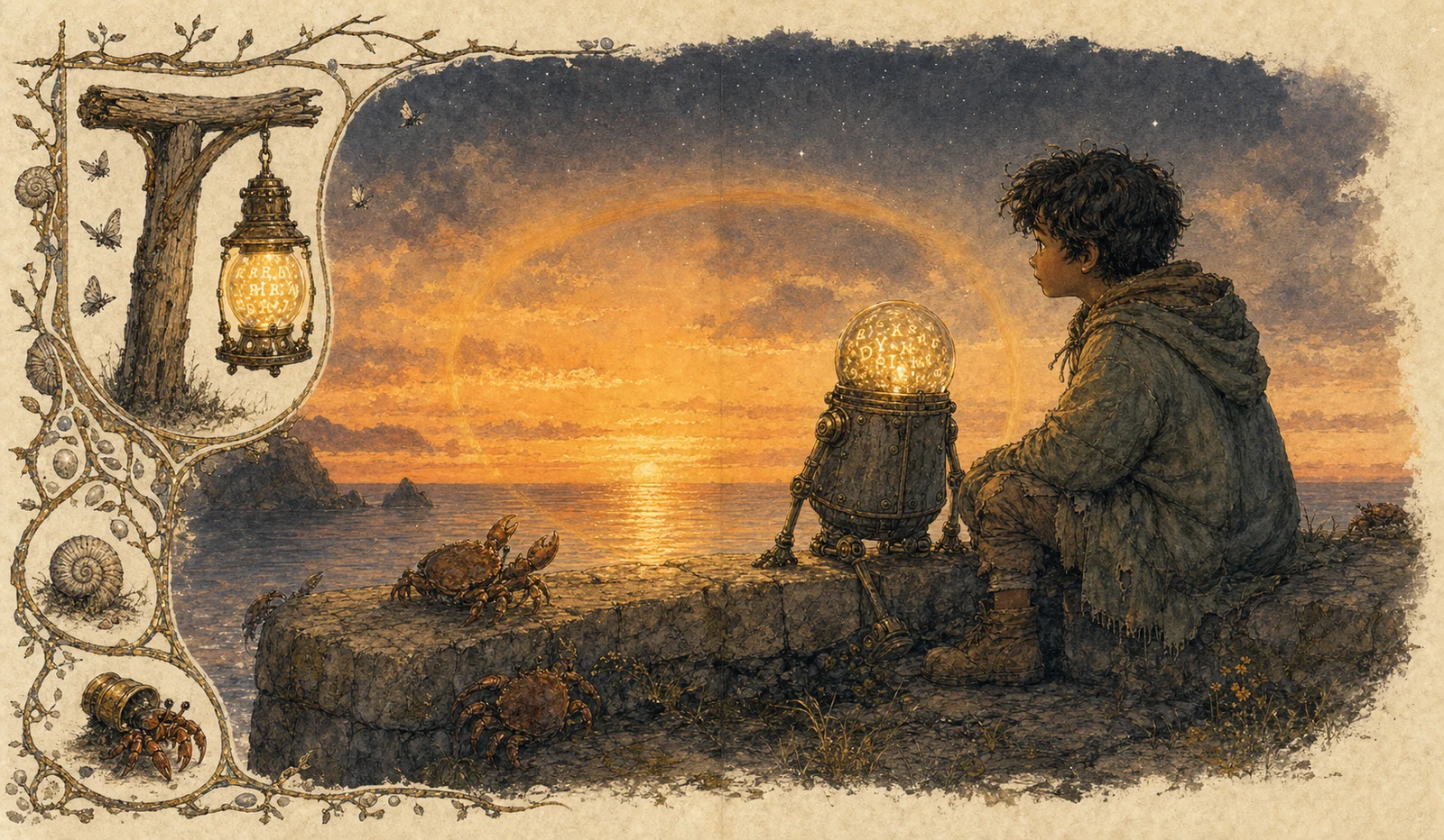 A boy and a small glass and brass lantern creature sit talking on a sea wall at dusk; gold patterns like almost-readable writing swirl inside its glass, and its glow overlaps the last of the sunset on the water.