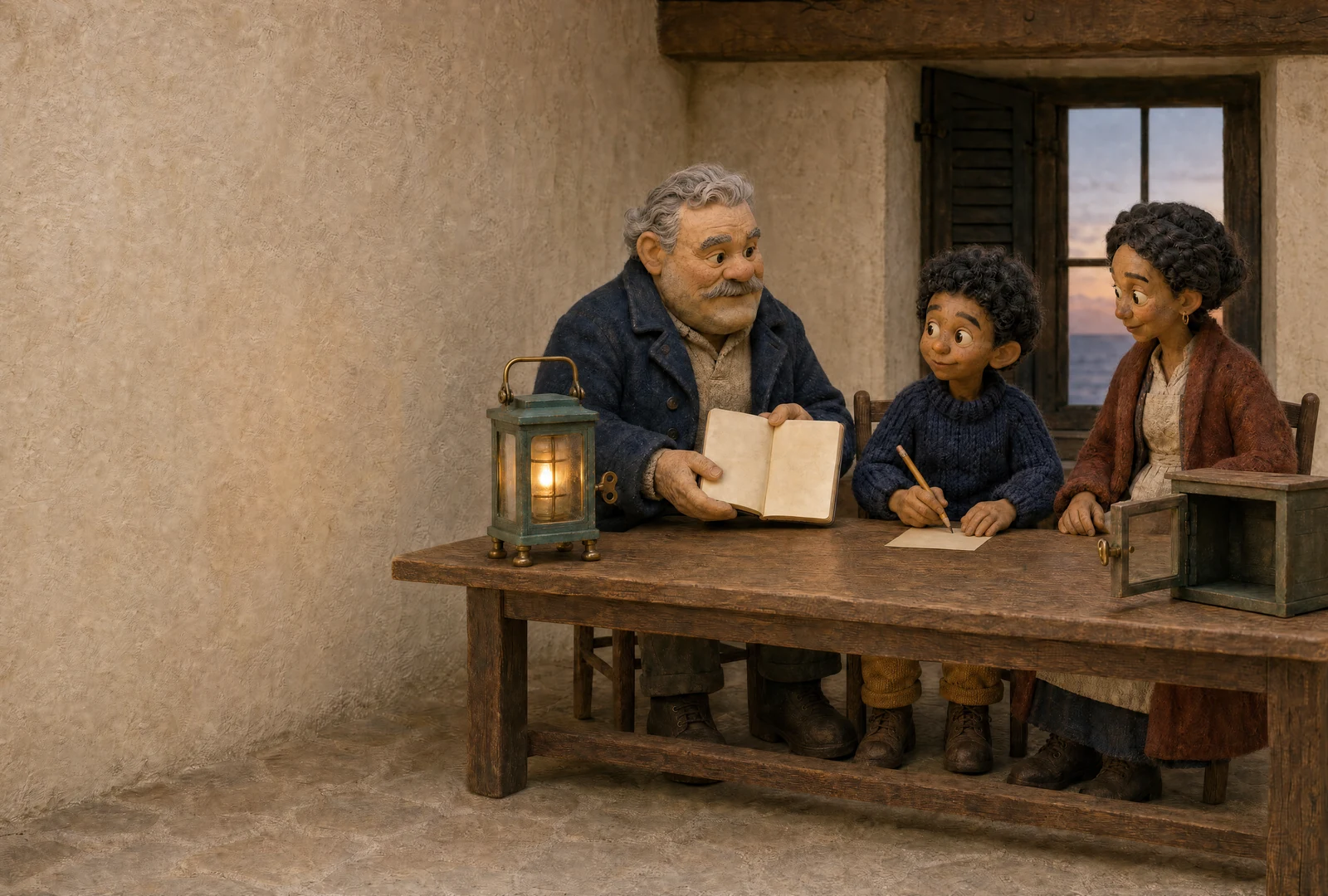 Ivo writes at a table with his aunt and the harbour keeper, who holds an open notebook. Harbour Light glows at one end of the table; a glass-fronted box stands open at the other.