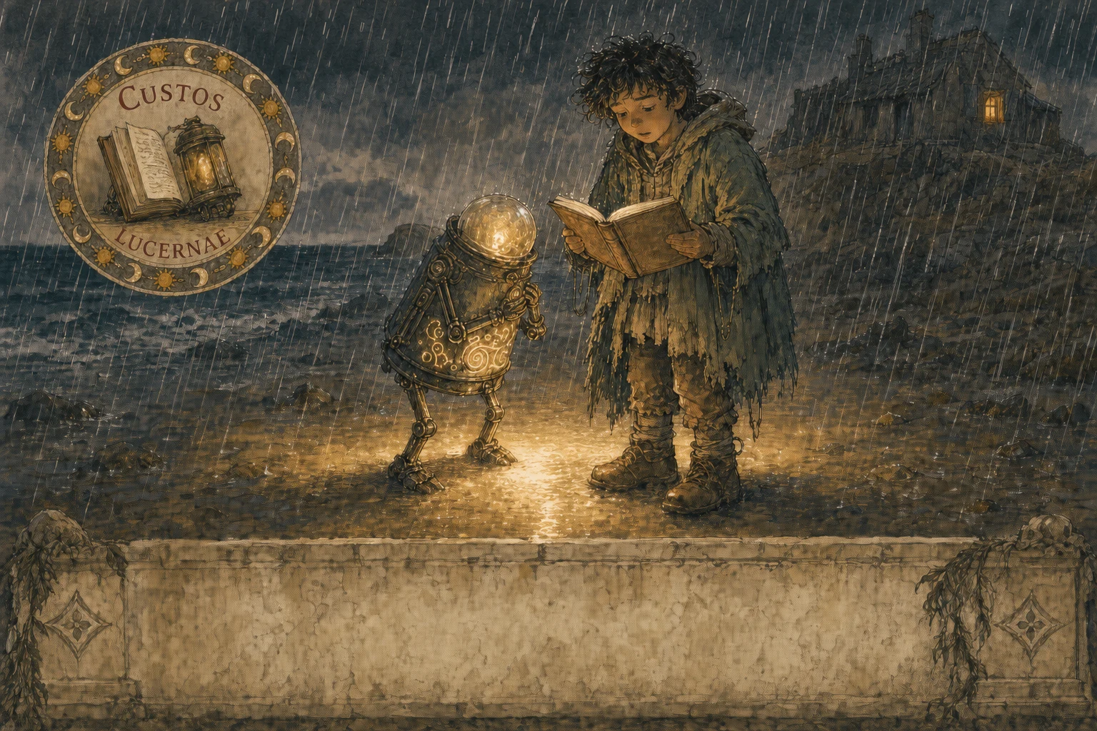 Heavy night rain on the shore. The boy stands over the lantern creature reading aloud from a notebook; their two lights overlap on the wet sand between them; far behind, the warm lit window of the house he could have stayed in.