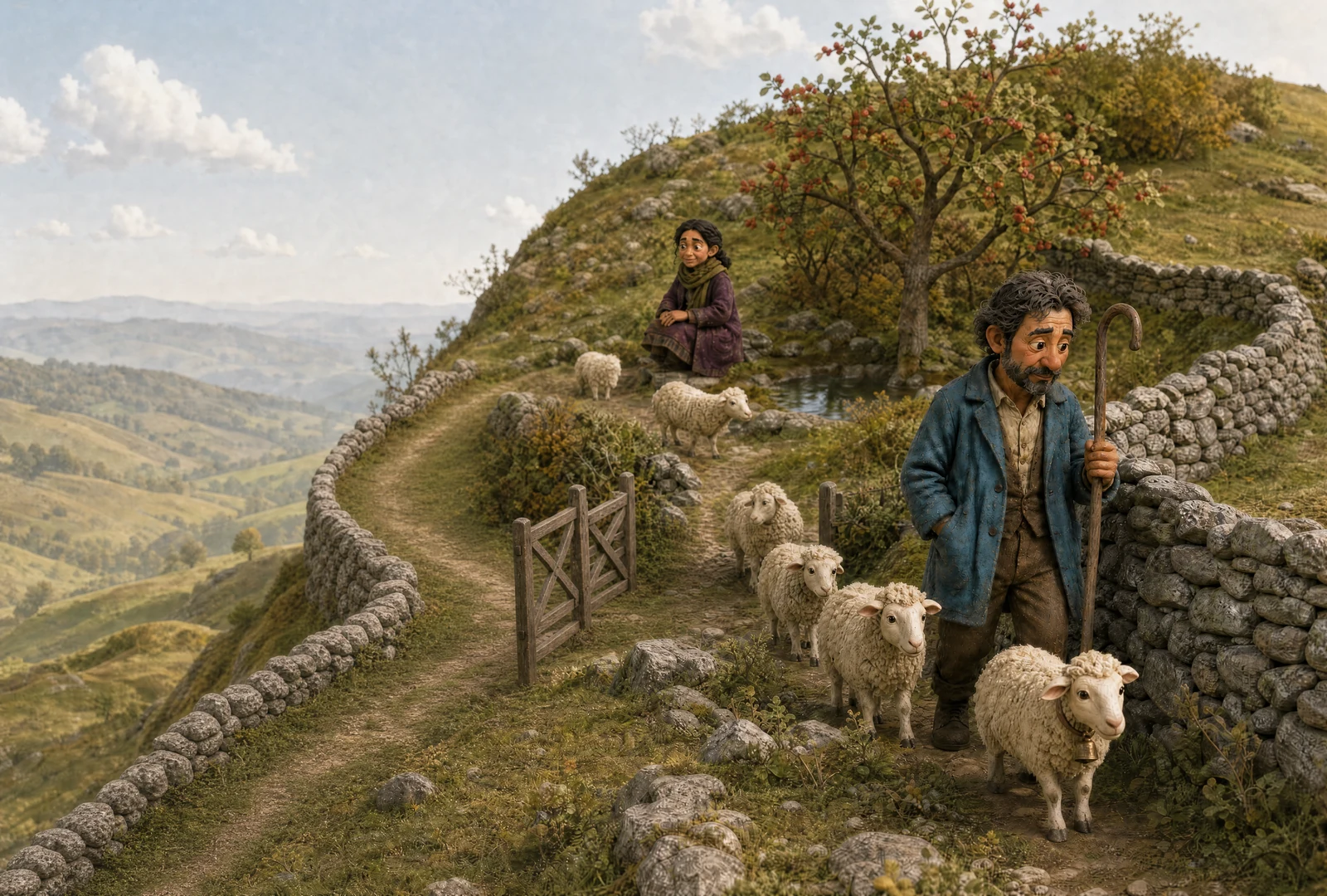 Tomas stands with his sheep beside a high stone wall; the nearest wears a bell. Higher on the hillside Leila sits by a small pool near a berried rowan. An open gate joins the paths.
