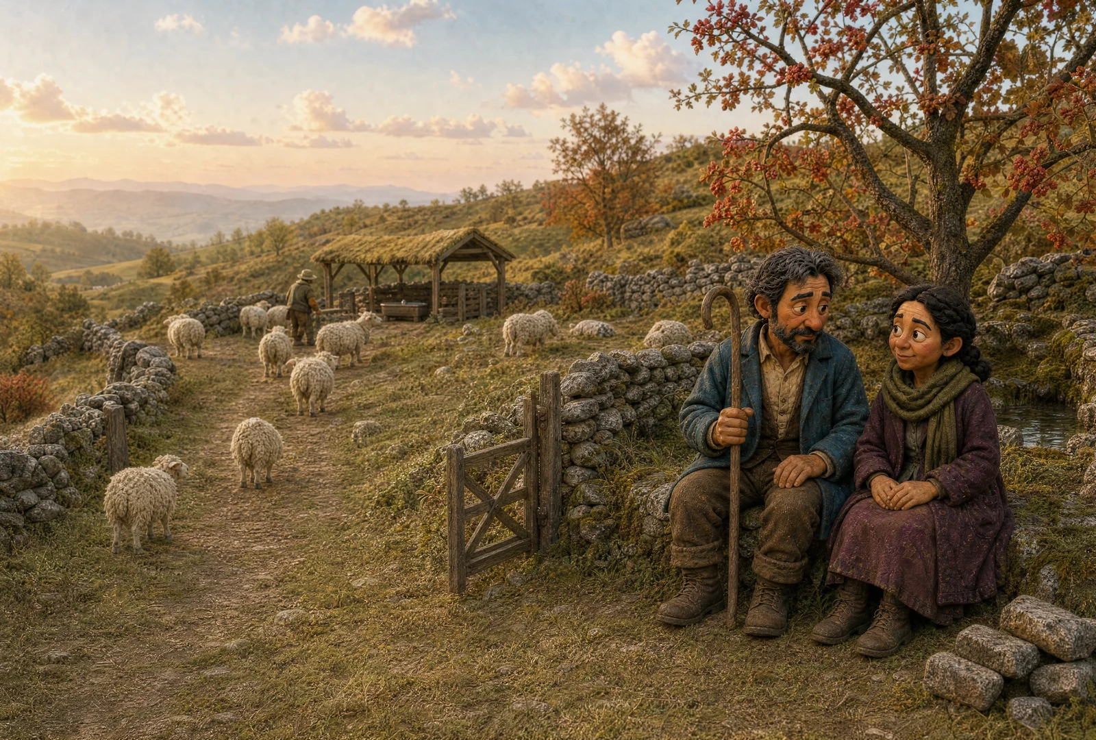 Tomas and Leila sit together beside an open gate at sunset. Sheep graze along the clear hillside path between low stone walls.