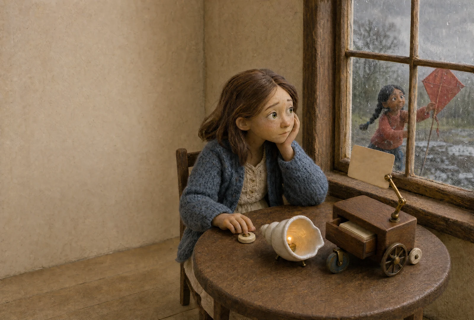 Mara rests a hand on a small pause switch beside the shell-shaped Siren and wooden three-wheeled Muse. Through the rainy window, Safi holds a red kite.