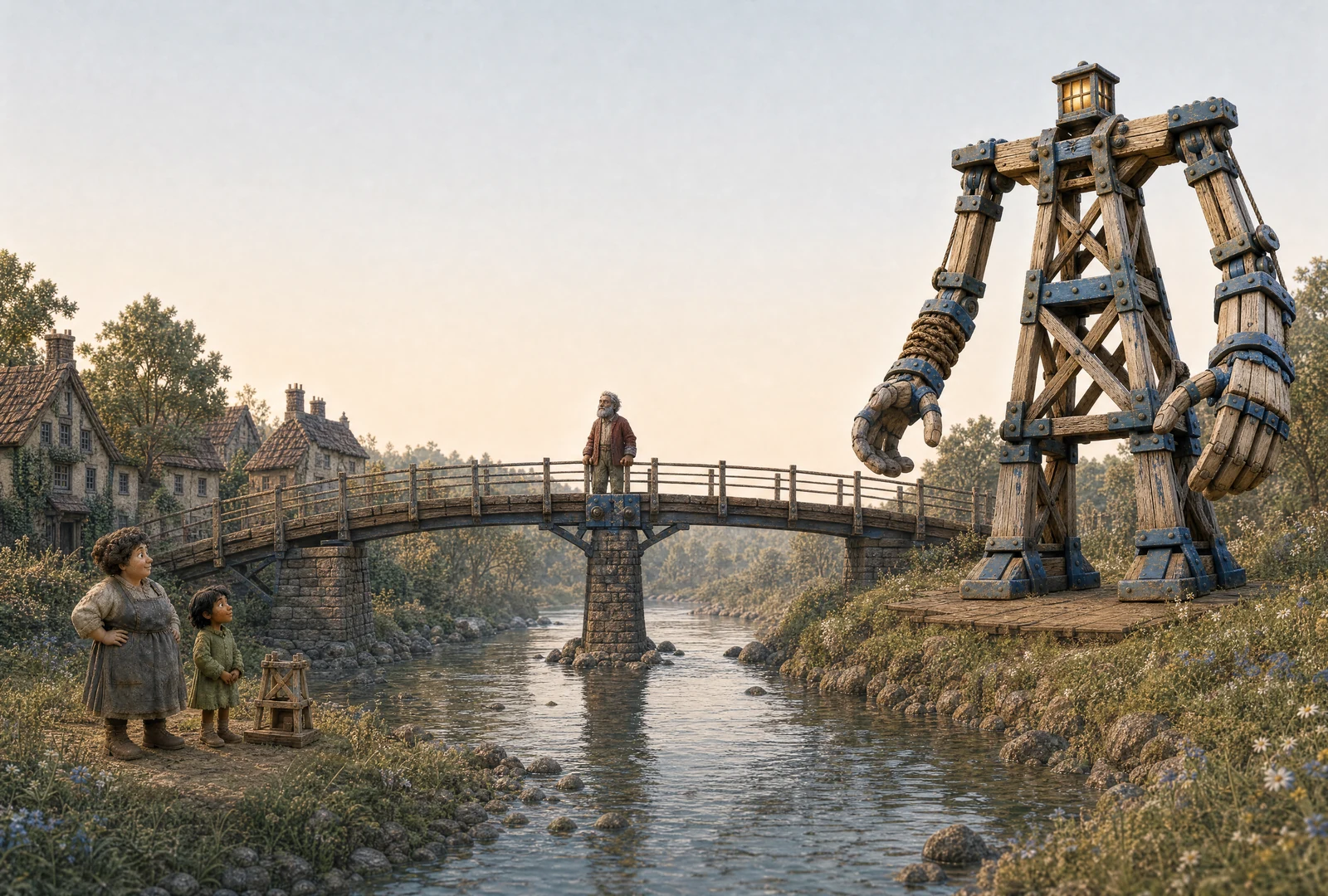 An adult stands mid-span on the finished, railed bridge where timber meets a blue iron joint. A child and a woman watch from the left bank beside their wooden model; the tall timber-and-blue machine stands opposite.