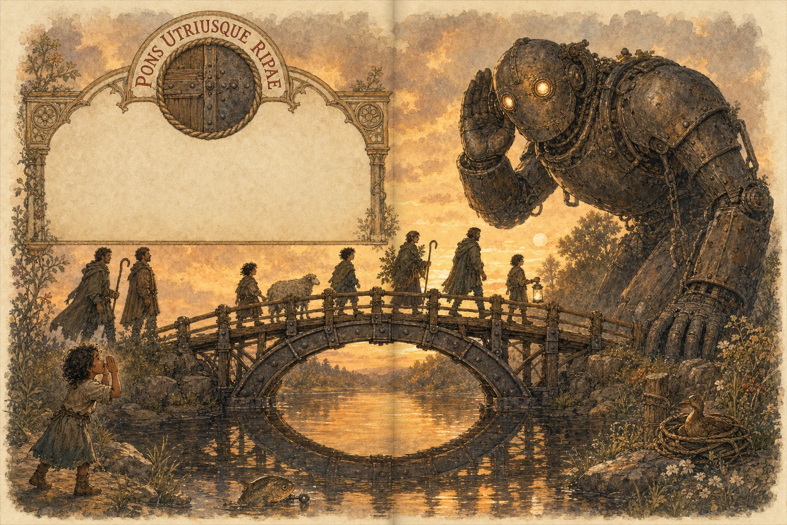 The finished bridge in evening light with walkers crossing; at its center over the deepest water, wood becomes iron in a joint wrapped with rope and standing on light iron feet; the bridge and its reflection make an almond of light on the river.