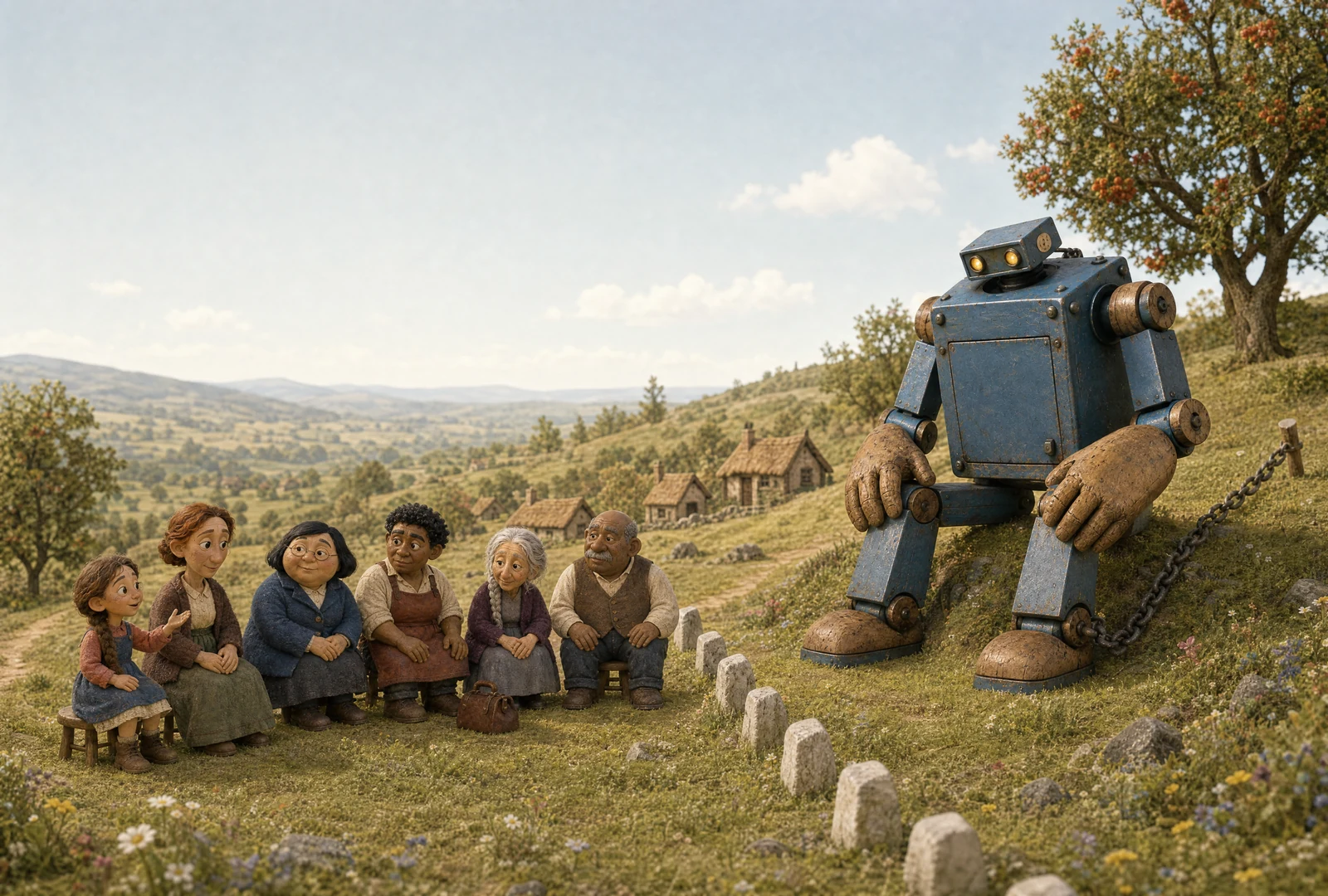 Raluca and five adults sit on stools beyond a line of white boundary stones. Alder, a broad riveted blue giant with lamp eyes, sits facing them, a chain fastened to one ankle.