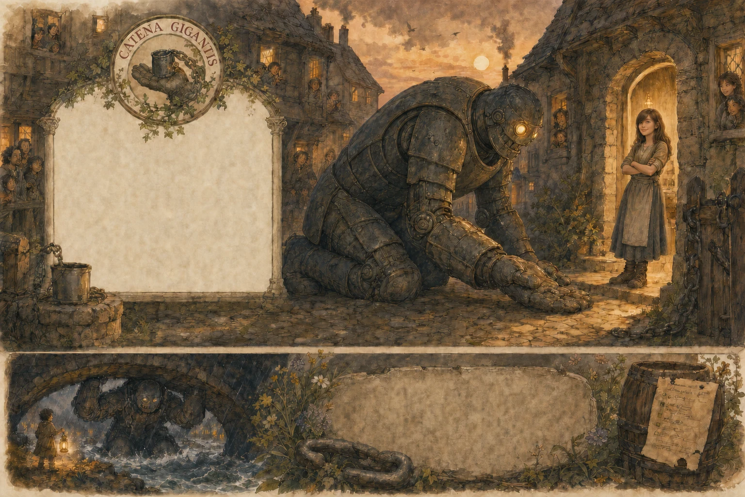 Dawn in the village street. The freed giant kneels among the small houses, harming nothing, to talk with a grown Raluca standing in her doorway; the broken chain lies on the hillside with wildflowers already growing through the links.