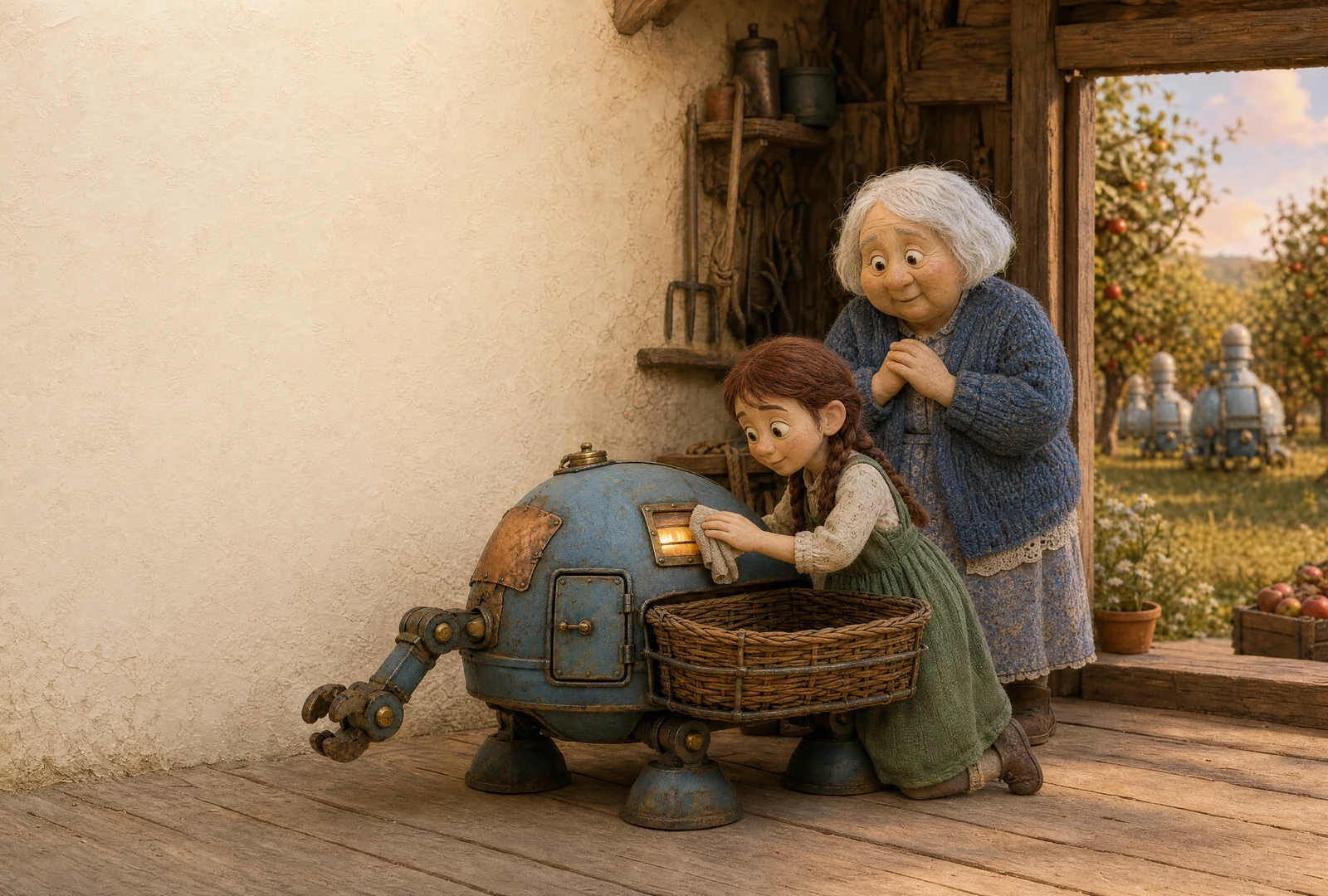 A girl kneels to wipe the lit window of a broad, humped blue machine that carries a wicker basket. Her grandmother watches from the shed doorway; matching picking-machines stand in the orchard beyond.