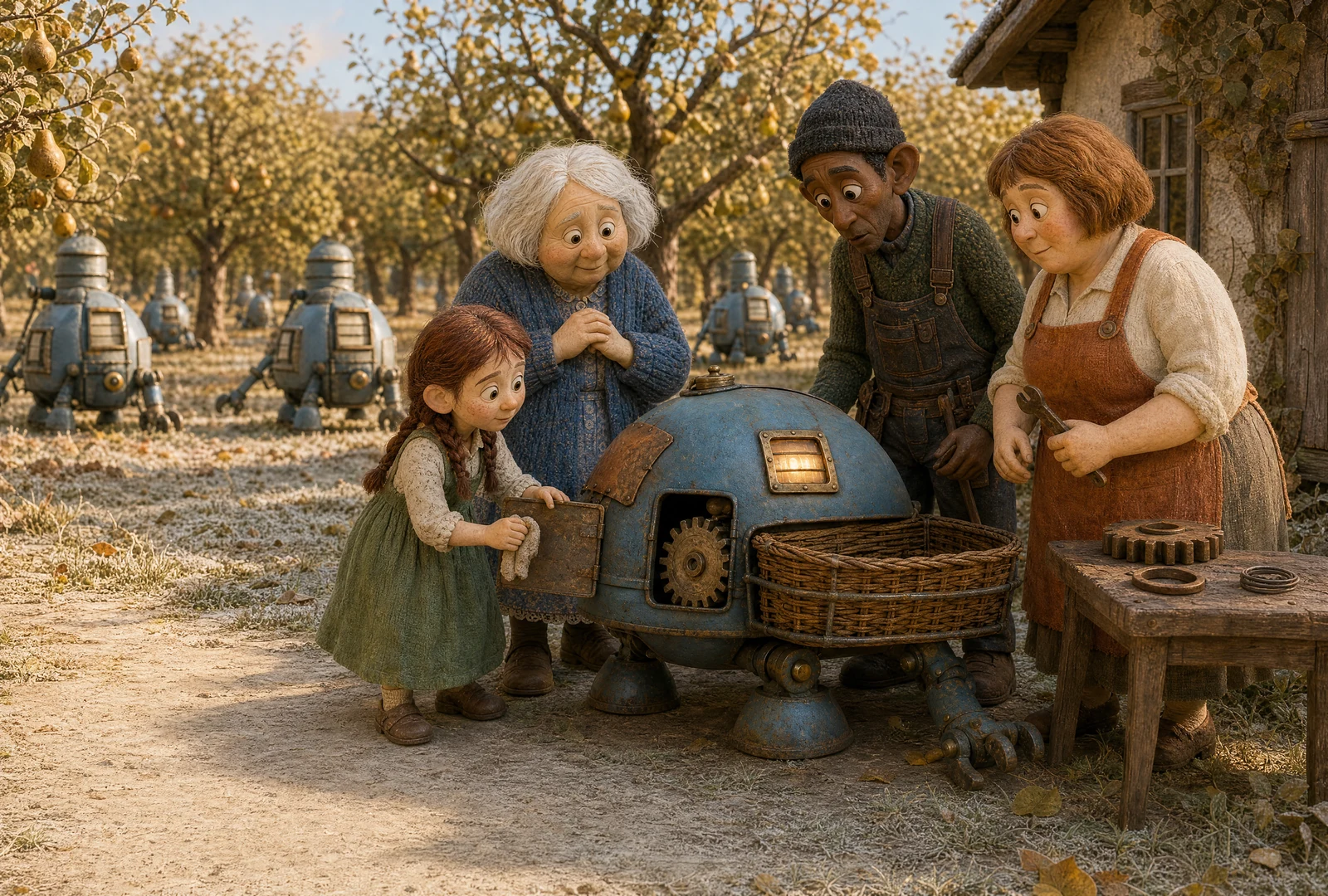 The girl and her grandmother gather with two makers around the Spare’s open gear panel. Loose gears lie on a bench, with matching machines standing in the frosty orchard behind.