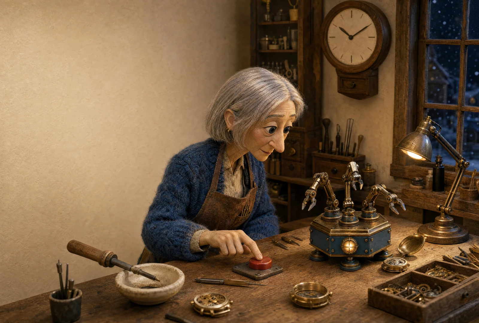The clockmaker touches a red button beside the Little Maker on her workbench. Its three fine brass arms hover above a blue body among tools and clock parts.