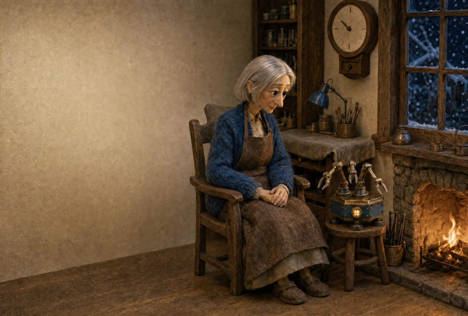 The clockmaker sits with her hands folded beside the Little Maker on a stool near the fire. Snow falls beyond the window, and the machine’s small front light glows.