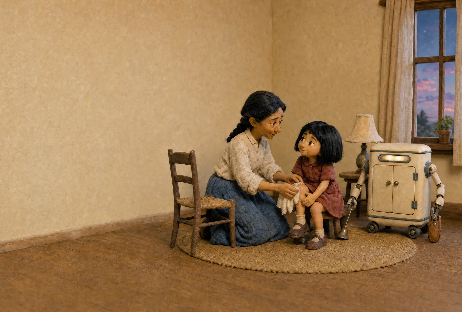 A mother kneels and holds a folded cloth to her seated child’s knee in a softly lit room. The cream housekeeping machine stands nearby, a lowered brass lamp snuffer in one hand and sheathed shears at its side.